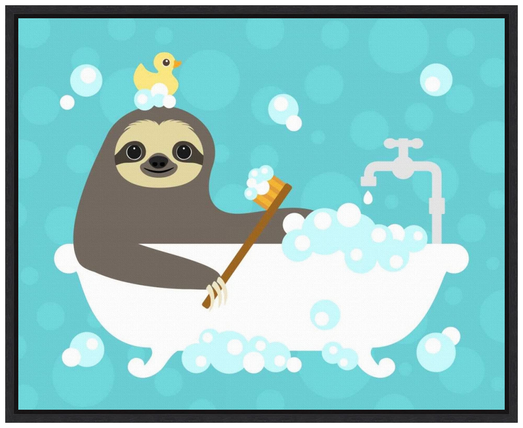 Amanti Art Framed Canvas Wall Art Print - Scrubbing Bubbles Sloth by Nancy Lee, 20x16 Inches, Sylvie Black Frame - Perfect for Living Room, Bedroom & Office Decor