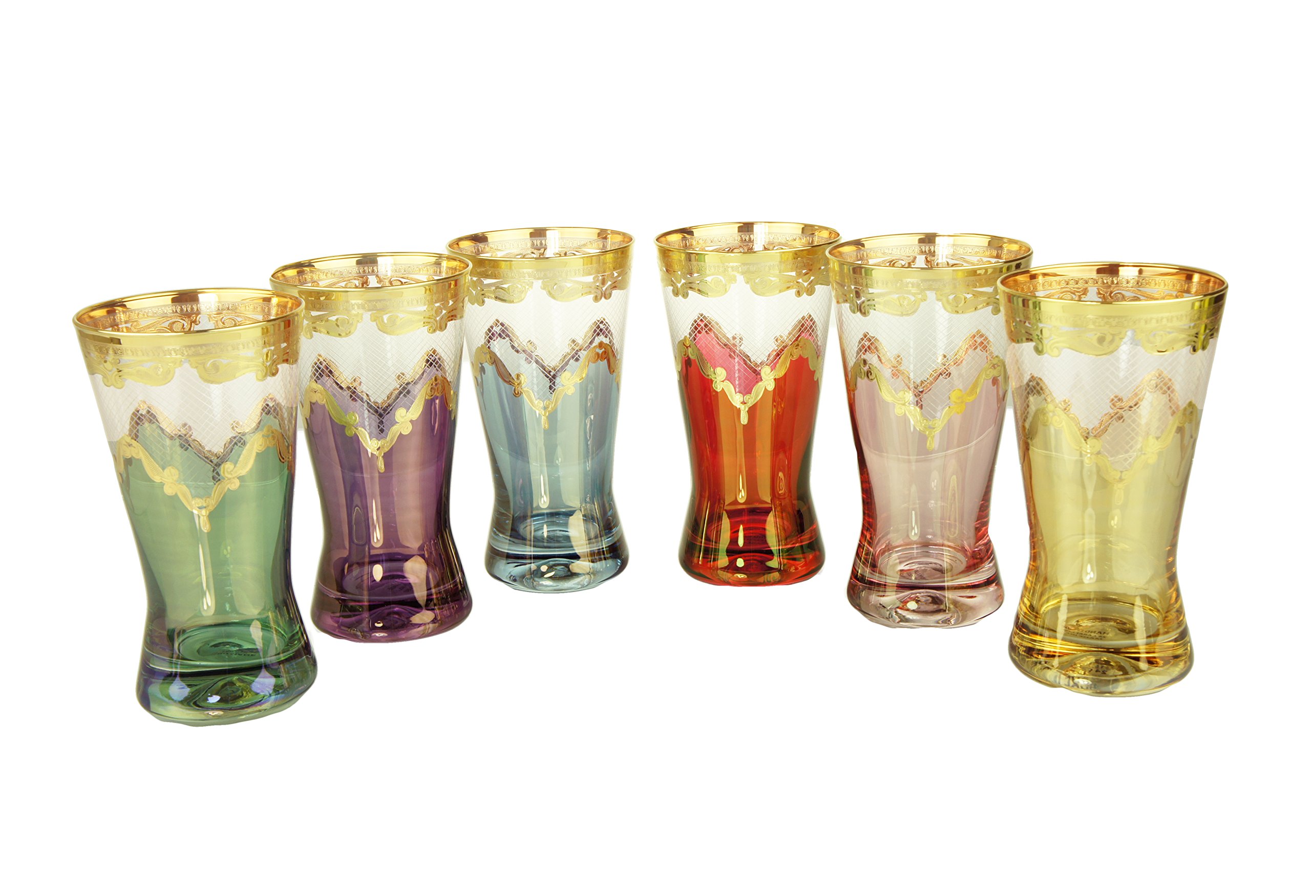 Premium 15-Oz Diamond Cut Tumbler Set with 24K Gold Artwork - Classic Touch CWTM139 (Set of 6, Multicolor) - Perfect for Parties, Weddings, and Elegant Home Decor