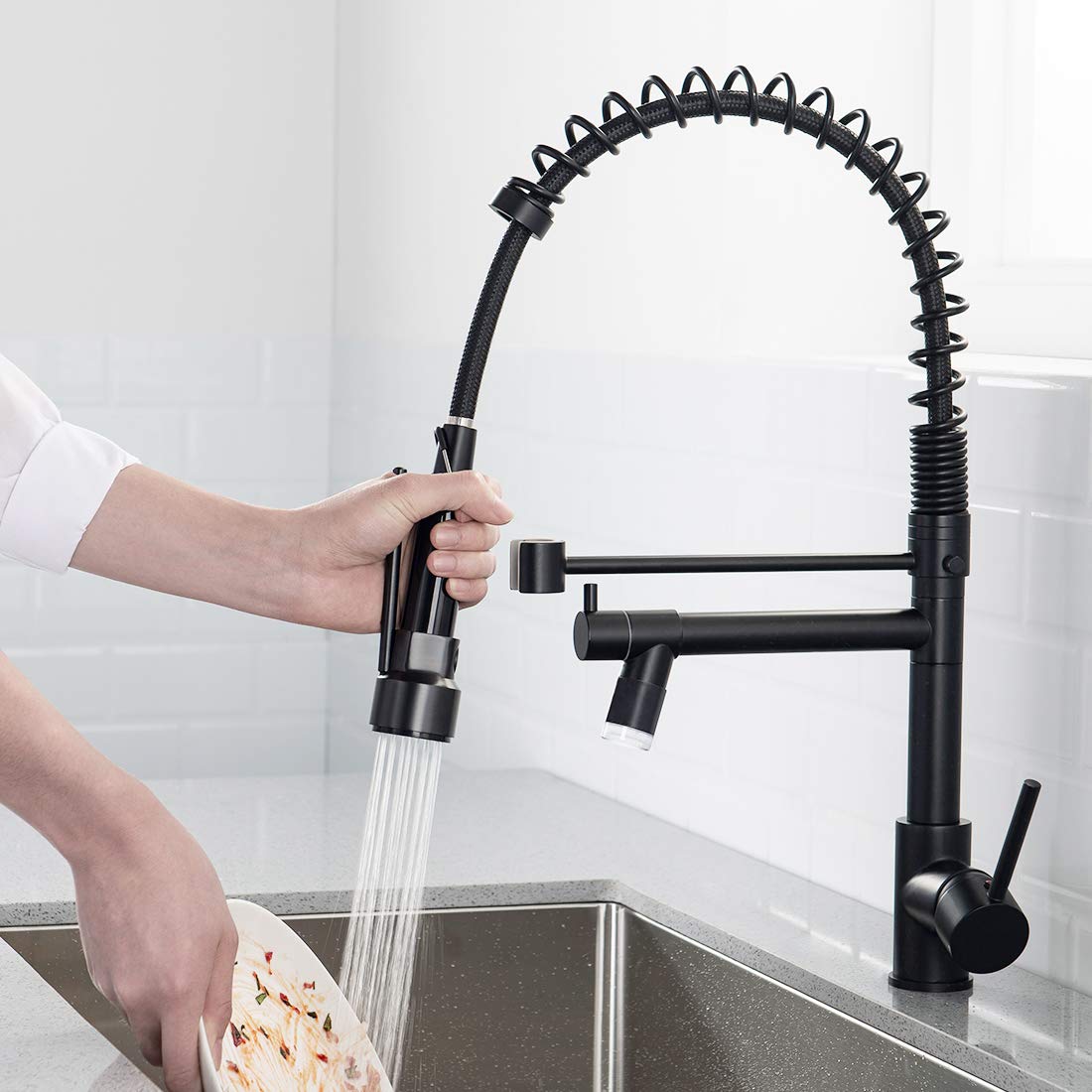 Commercial Black Kitchen Faucet with Pull Down Sprayer & LED Light - Single Handle High Arc Brushed Nickel Sink Faucet for Restaurant, Bar, and Home Kitchen Use