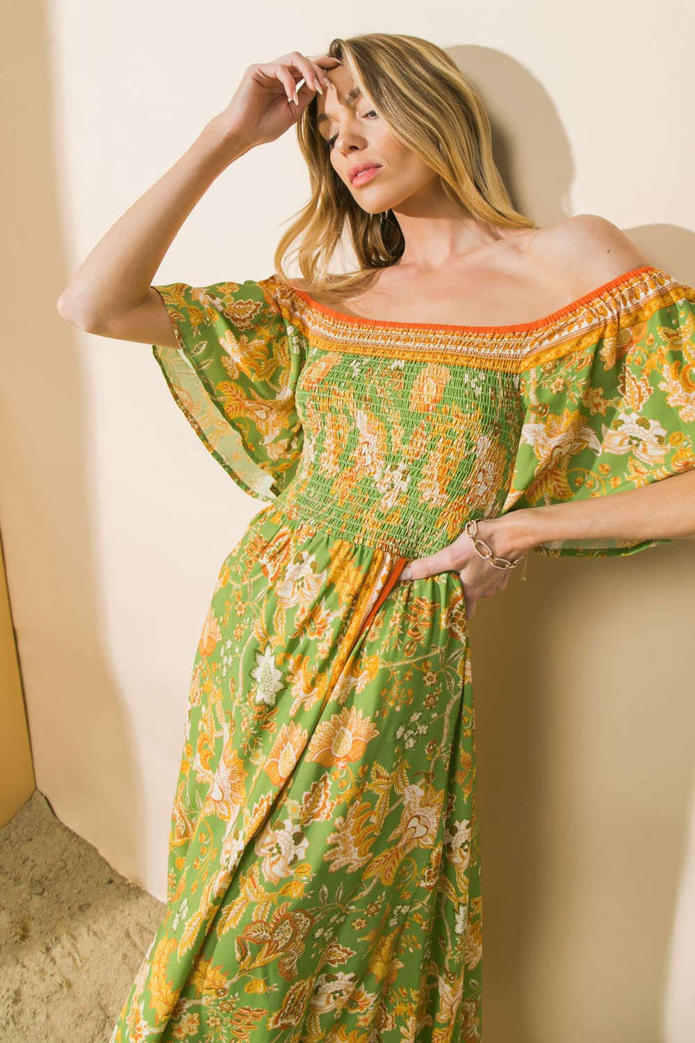 Bohemian Off Shoulder Maxi Dress - Tropical Floral Print Smocked Hi-Low Hem Summer Beach Dress for Vacation, Party & Outdoor Events