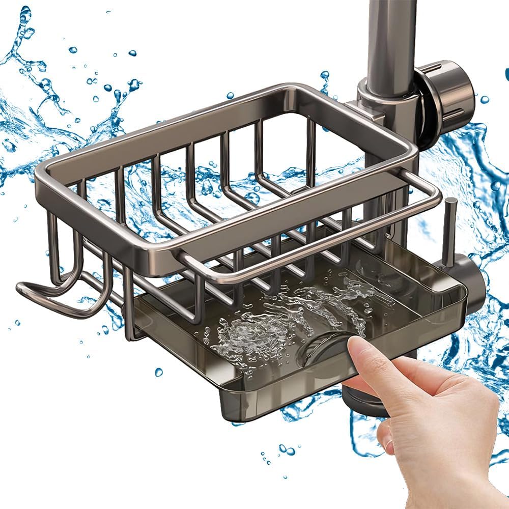 Adjustable Kitchen Sink Faucet Organizer & Sponge Holder - Detachable Sink Caddy for 0.7-1.1 Inch Round Pipes (Dark Gray, Left) | Perfect for Small Kitchen Organization, Dishwashing & Counter Space Saving