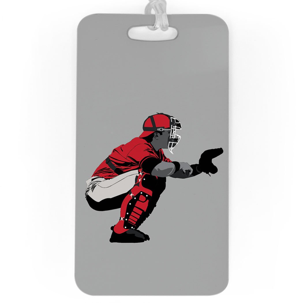 Custom Baseball Luggage Tag - Personalized Catcher Player Design with Large Red Back for Easy Identification - Perfect for Travel, Sports Gear & Baseball Fans