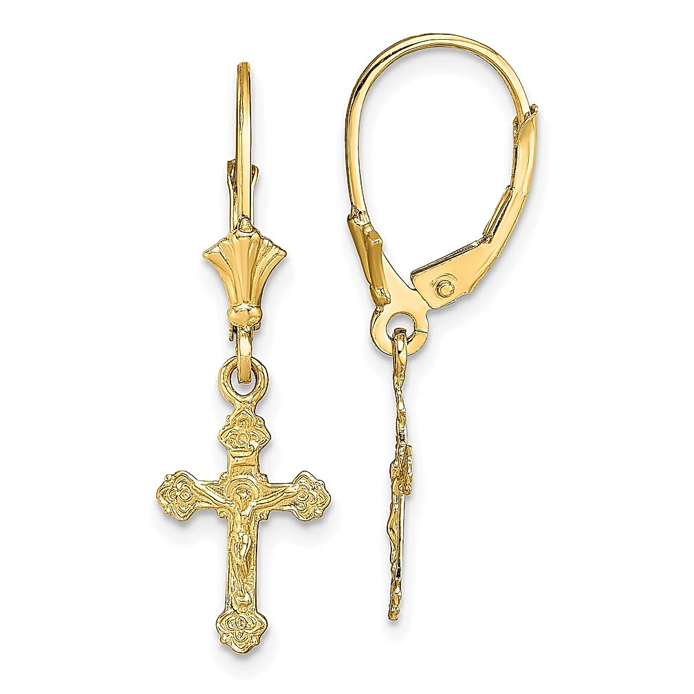14K Yellow Gold Crucifix Cross Religious Leverback Earrings for Women - Dangle Drop Fine Jewelry, Gift for Her - Perfect for Church, Weddings & Special Occasions