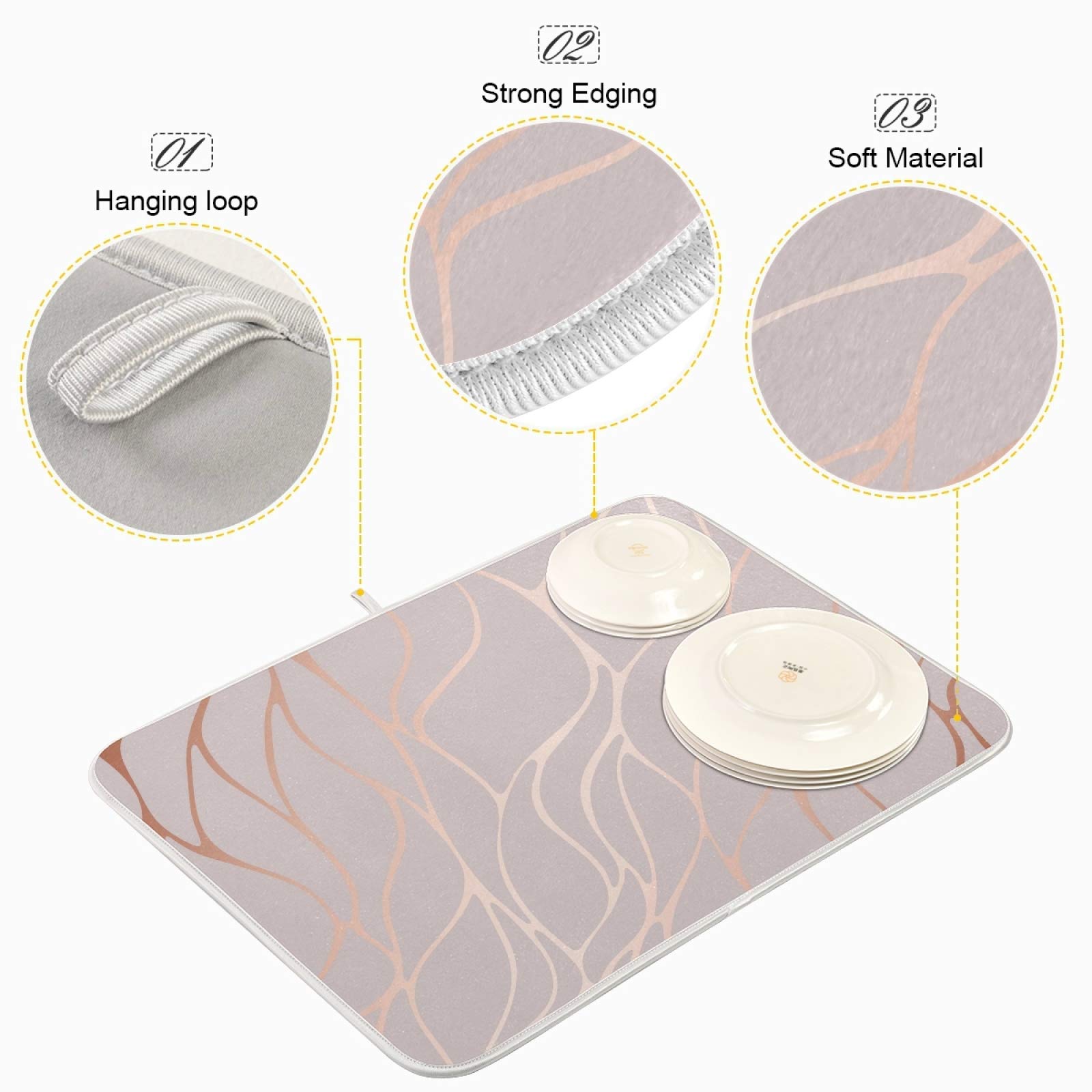 Rose Gold Marble Dish Drying Mat - Super Absorbent Microfiber, Heat-Resistant Kitchen Counter Mat (18x24 Inch) for Dishes & Utensils