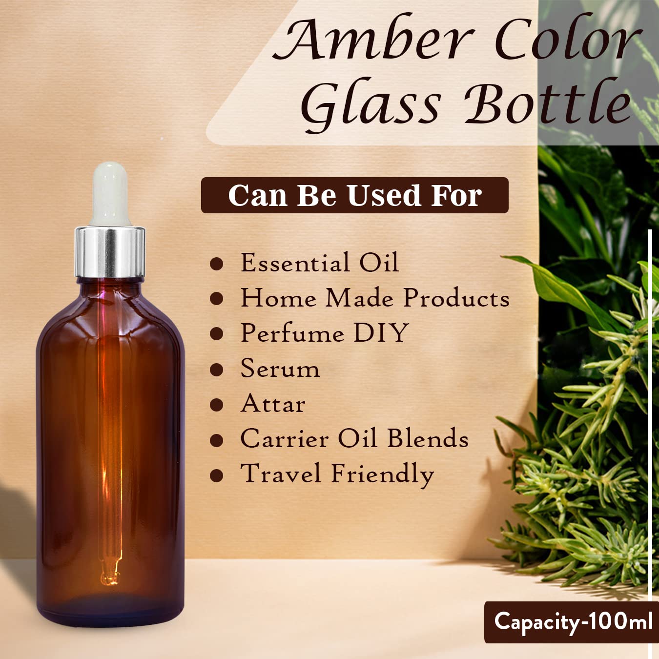 NSB Herbals 100ml Amber Round Empty Glass Bottle with Glass Dropper, Silver Ring & White Silicone Teat - Refillable for Essential Oils, DIY Perfumes, Aromatherapy (Pack of 12) | Perfect for Home Spa, Travel & Gift Sets