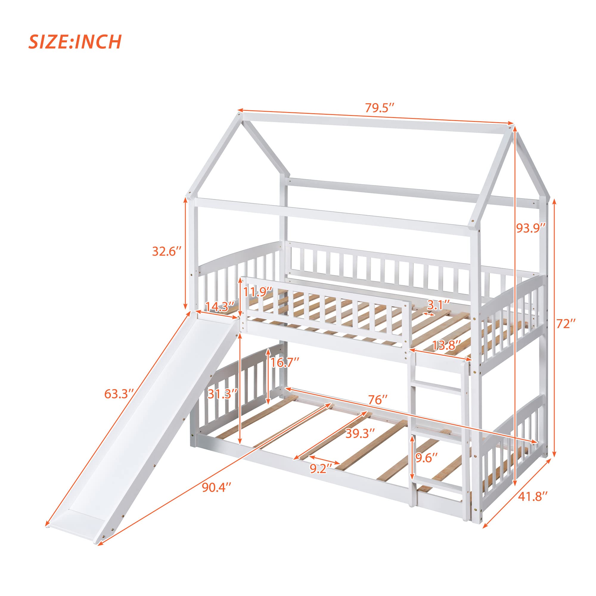 Twin Over Twin Bunk Bed with Slide - White Kids House Bunk Bed Frame for Toddlers & Children | Perfect for Small Bedrooms, Playrooms & Sleepovers