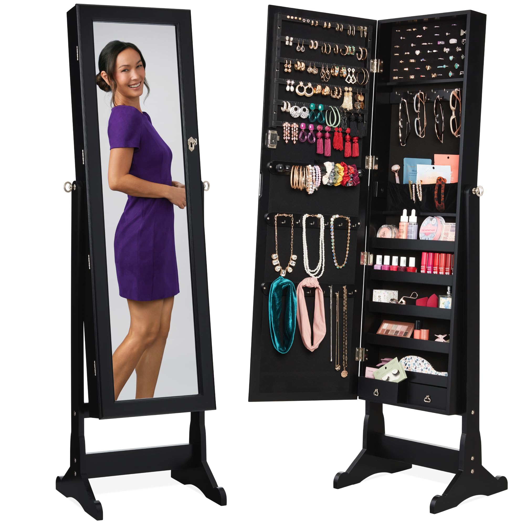 Best Choice Products Freestanding Jewelry Armoire Cabinet with Full Length Mirror - Lockable Makeup Organizer with Velvet Lining, 3 Adjustable Angles, 5 Shelves & Accessory Pouch - Perfect for Bedroom, Closet & Dressing Room Organization (Black)