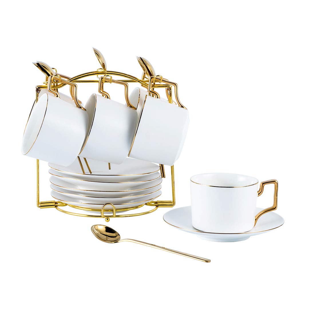 Premium 7 oz Ceramic Demitasse Espresso Cups Set with Saucers & Metal Stand - Stackable Porcelain Cappuccino Cups for Coffee, Tea, Latte, Cafe Mocha - Matte White (Set of 6) - Perfect for Home Cafes, Coffee Shops & Gifts