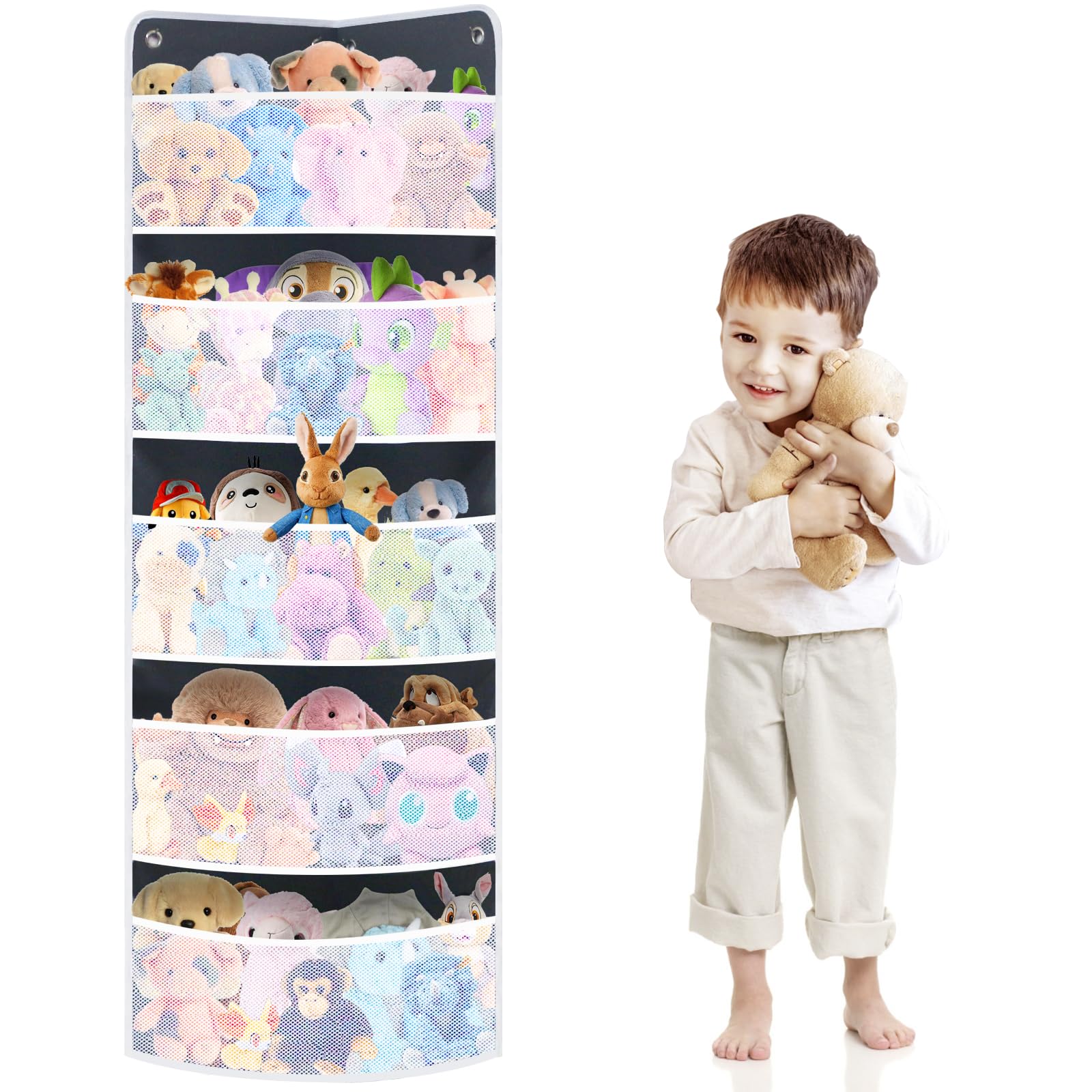 Soft Corner Shelf with 5 Large Mesh Pockets - Wall Mounted Toy Storage Organizer for Kids Bedroom | Child-Friendly Hanging Organizer for Toys, Stuffed Animals, Diapers & Sundries | Perfect for Nursery, Playroom & Closet Organization