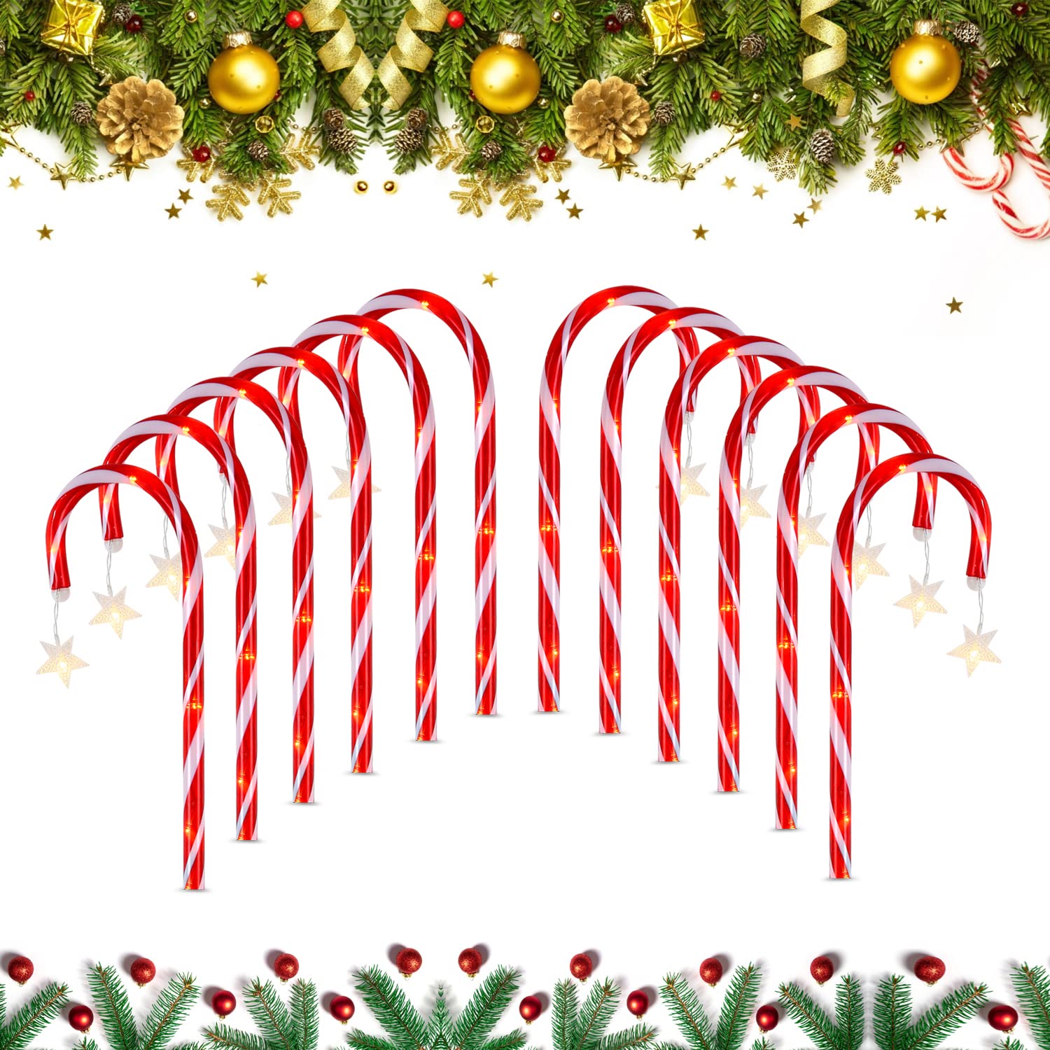 18.9 Inch Solar Christmas Candy Cane Pathway Markers - Set of 12 Outdoor LED Holiday Decorations for Yard, Patio & Garden | Waterproof Xmas Lights for Winter, Christmas Party & Festive Home Decoration