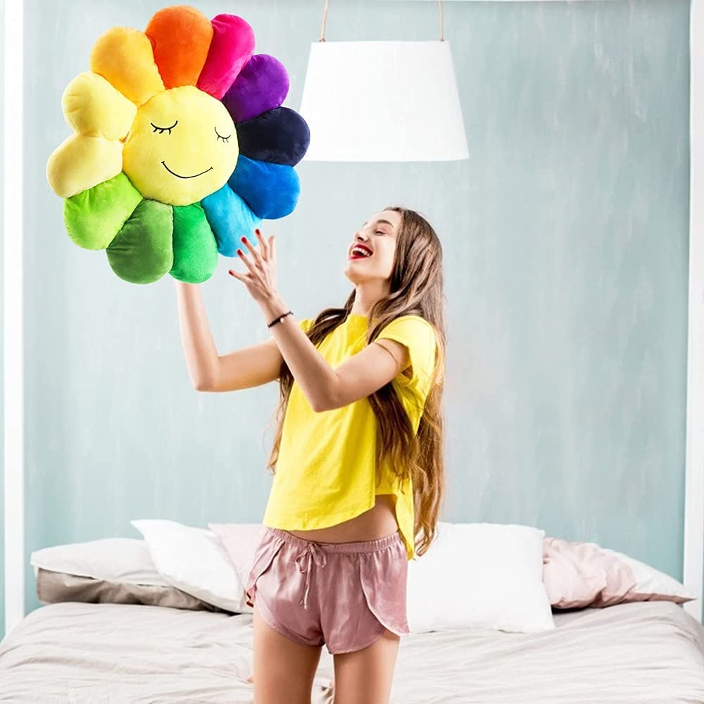 Rainbow Plush Sunflower Throw Pillow with Smiley Face - 60x60cm Soft Floor Cushion for Home Decor, Living Room, Bedroom & Sofa - Perfect for Reading Nook, Lounge Area and Cozy Decorations (Black)