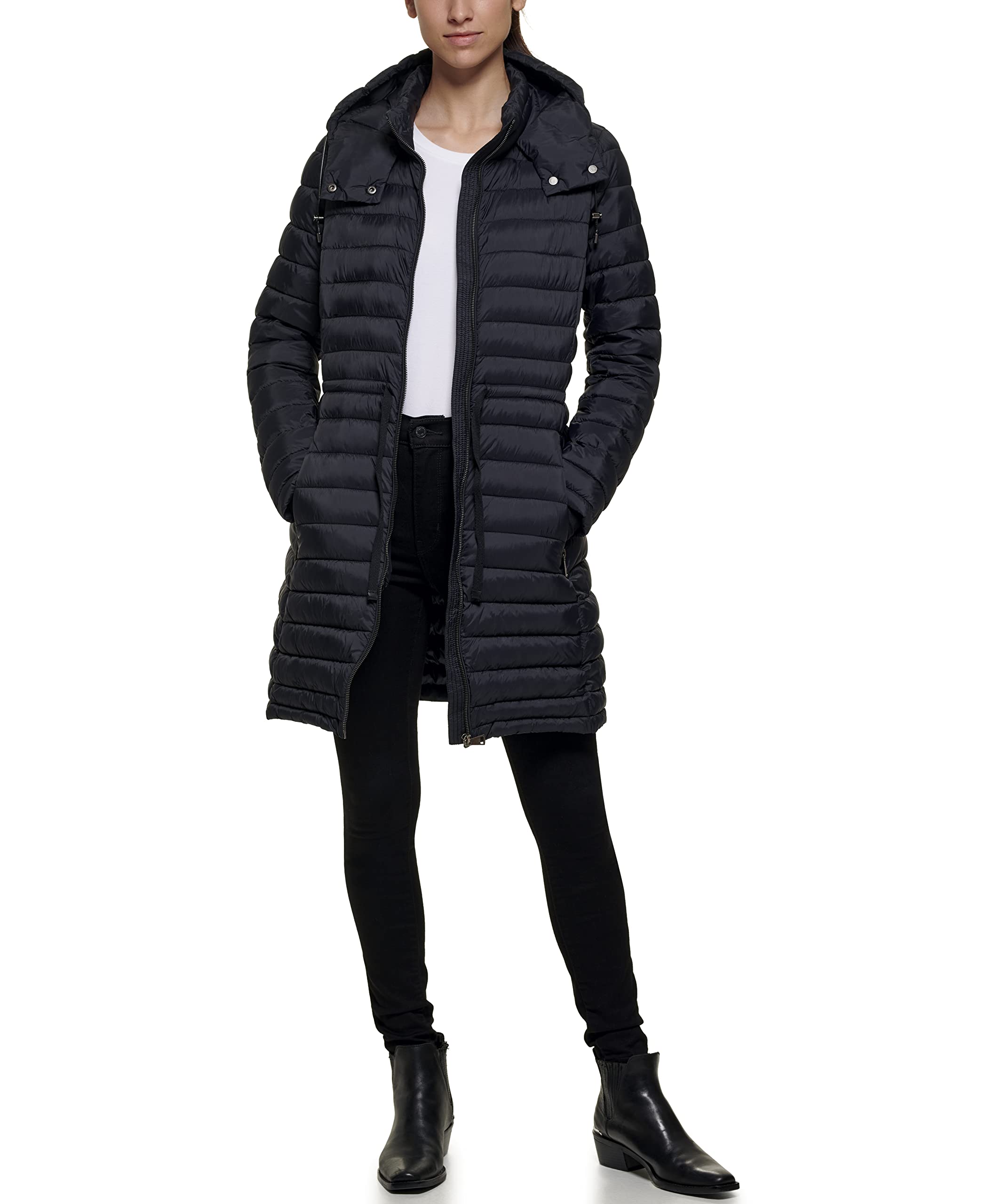 DKNY Women's Long Quilted Puffer Jacket - Winter Warm Coat, Water-Resistant Down Parka for Cold Weather, Fashionable Outerwear for Everyday Wear & Outdoor Activities