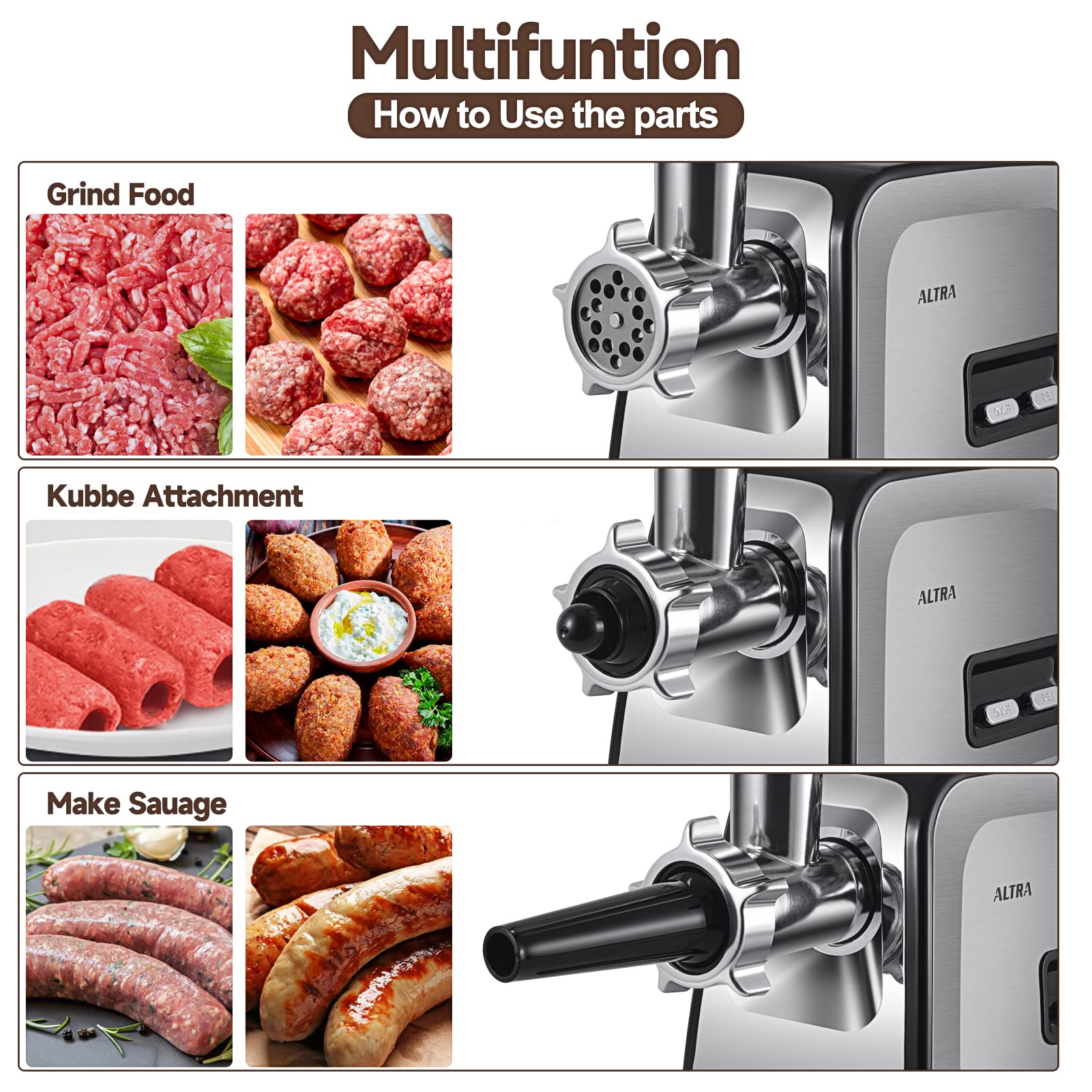2800W Electric Meat Grinder & Sausage Stuffer - Heavy Duty Stainless Steel Mincer with 3 Grinding Plates & Kubbe Kit - Perfect for Home Kitchen, Commercial Use, BBQ Parties & Food Prep