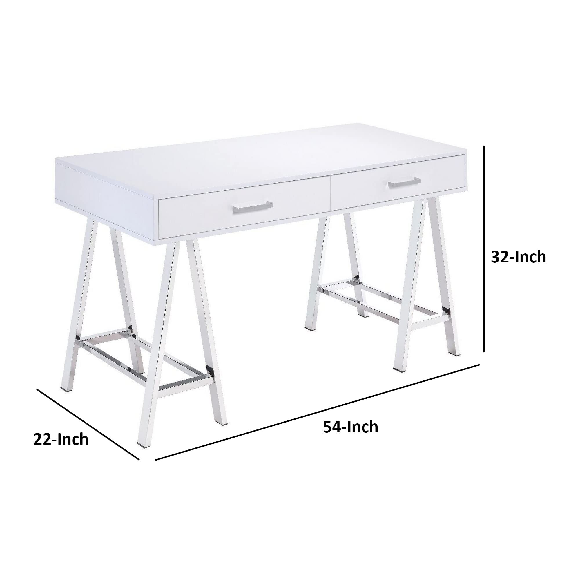 Benjara Modern White and Chrome Writing Desk with 2 MDF Drawers & Sturdy Metal Legs - Perfect for Home Office, Study Room, or Small Workspace