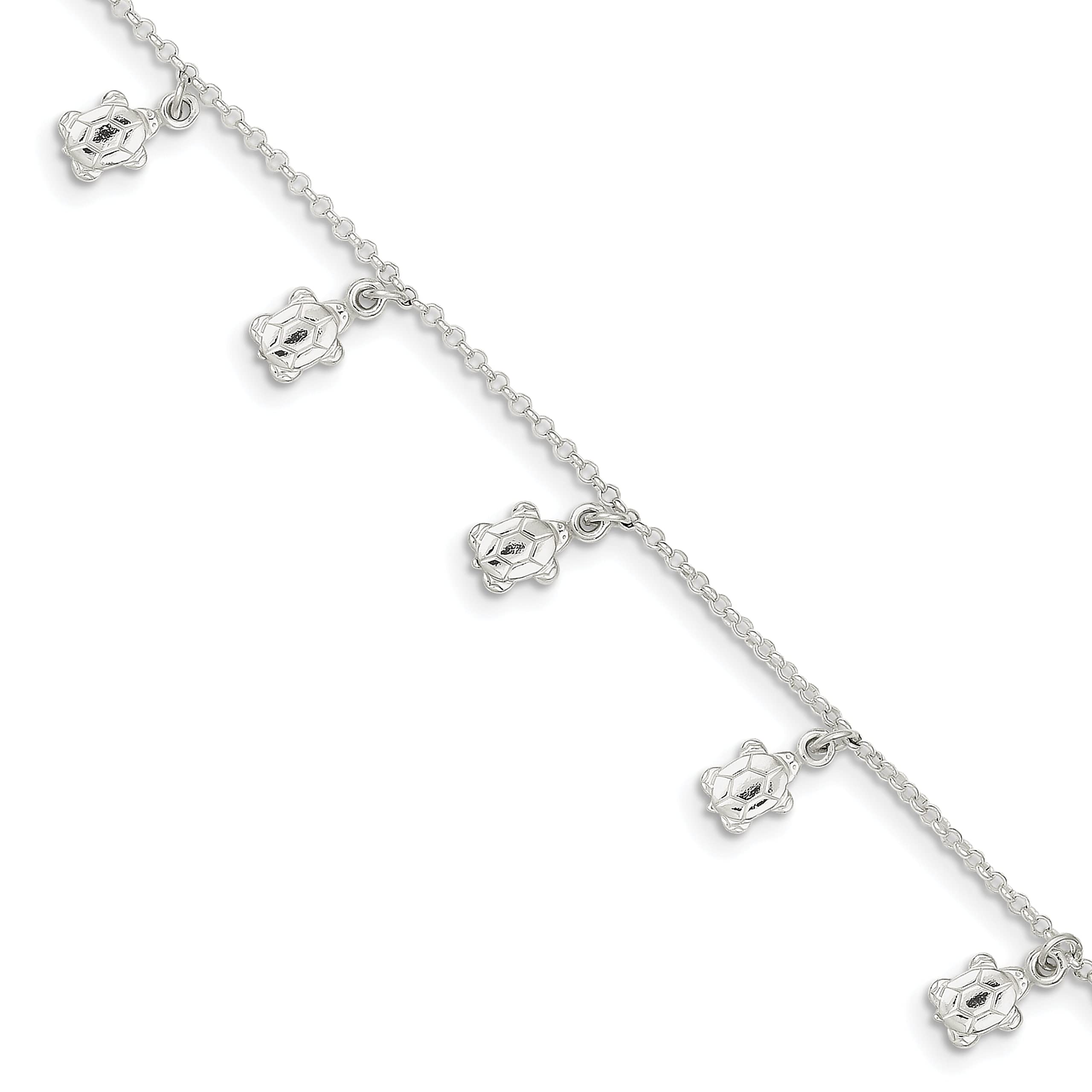 FindingKing Sterling Silver Polished Turtle Charm Anklet Bracelet - 9