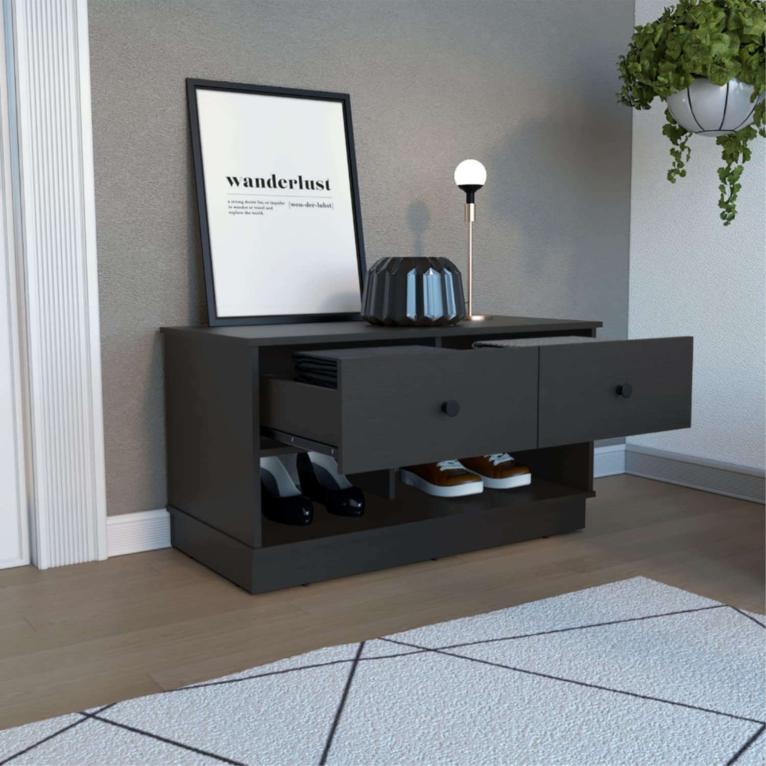 Uranus Storage Bench with 2 Drawers & 2 Open Shelves - Black Entryway Bench for Hallway, Bedroom & Living Room Organization