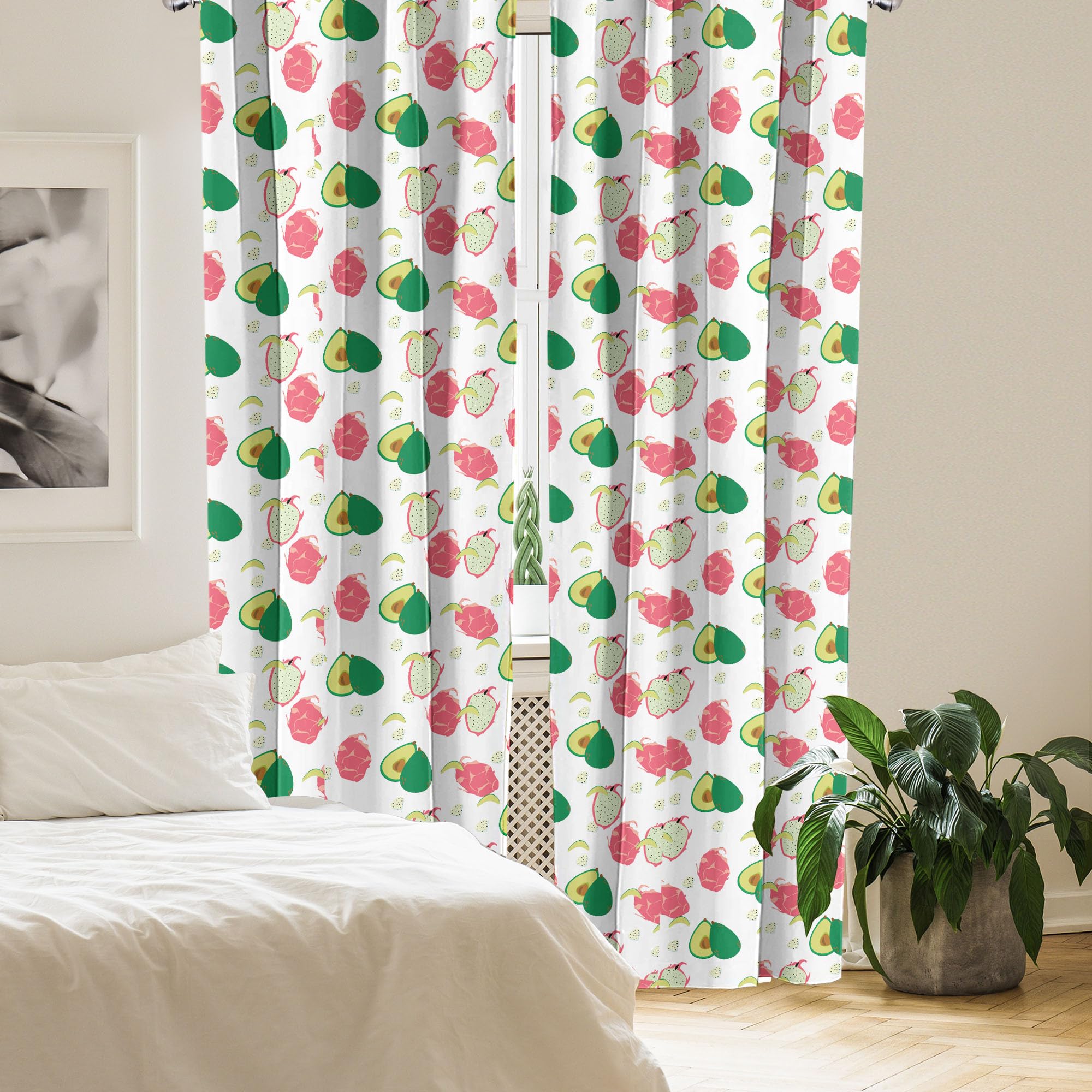 Ambesonne Tropical Window Curtains - Exotic Dragon Fruit & Avocado Print, Lightweight 2-Panel Set with Rod Pocket, 28