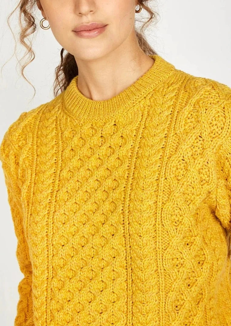 Ireland's Eye Aran Sweater for Women - 100% Wool Cable Knit Irish Sweater | Sunflower Design | Perfect for Winter, Fall & St. Patrick's Day Outfits