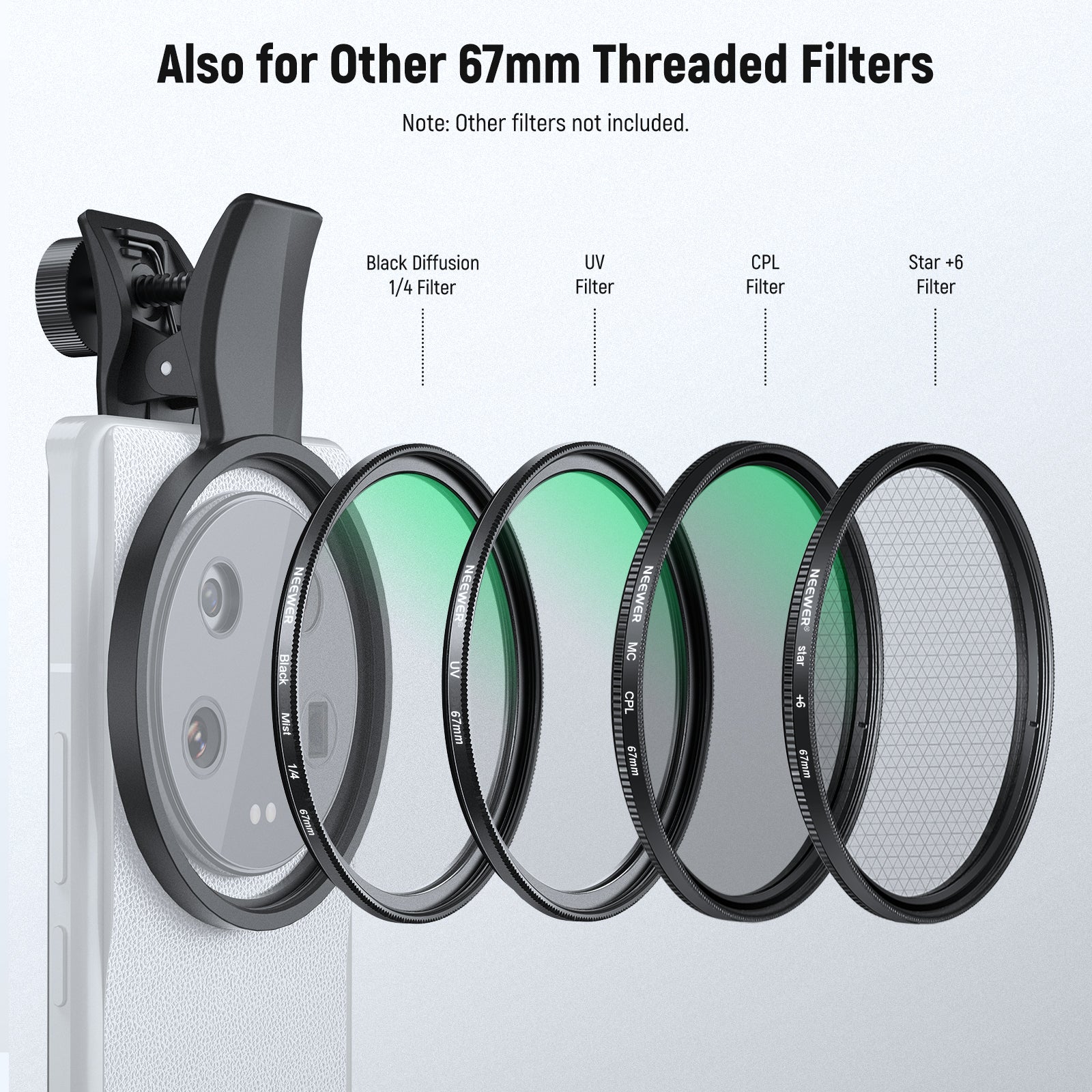 NEEWER FL B21/FL B25 67mm Variable ND2-ND32 Filter with Clip for Smartphone - Perfect for Vlogging, Photography & Cinematic Video Shooting