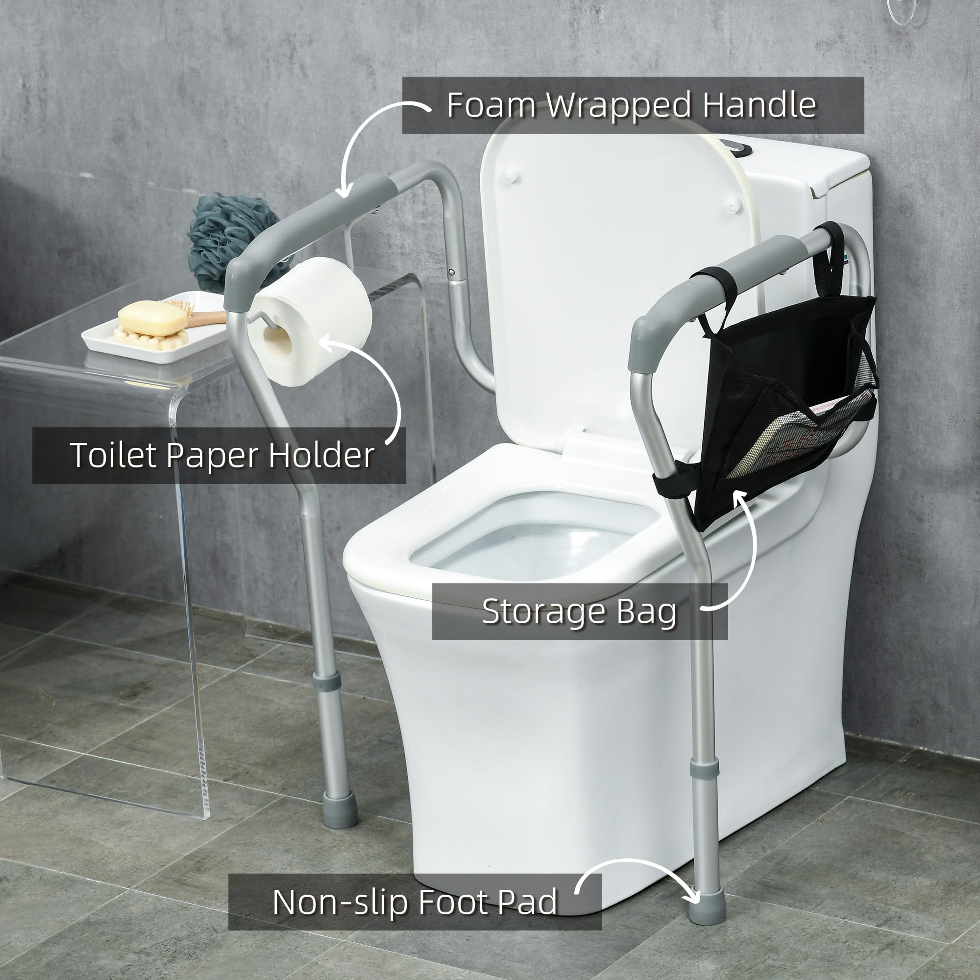 Adjustable Toilet Safety Rail for Elderly - 300lbs Capacity, Height & Width Adjustable with Padded Arms & Storage Pocket - Assist Grab Bar for Seniors - Easy Installation - Ideal for Bathroom Safety & Mobility Support