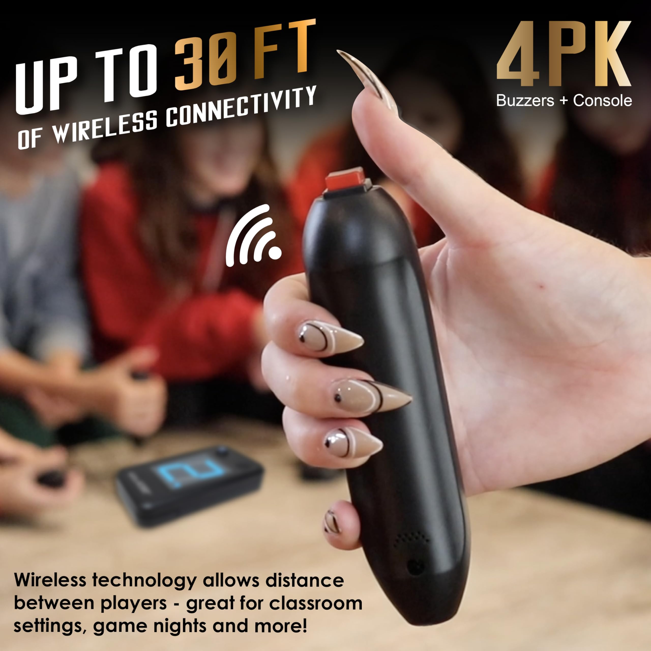 Digital Energy Wireless Handheld Game Buzzer System with 4 Joystick Buzzers - First Buzz-in Display for Trivia, Quiz & Party Games - Perfect for Jeopardy, Family Feud, Game Nights & Classroom Activities