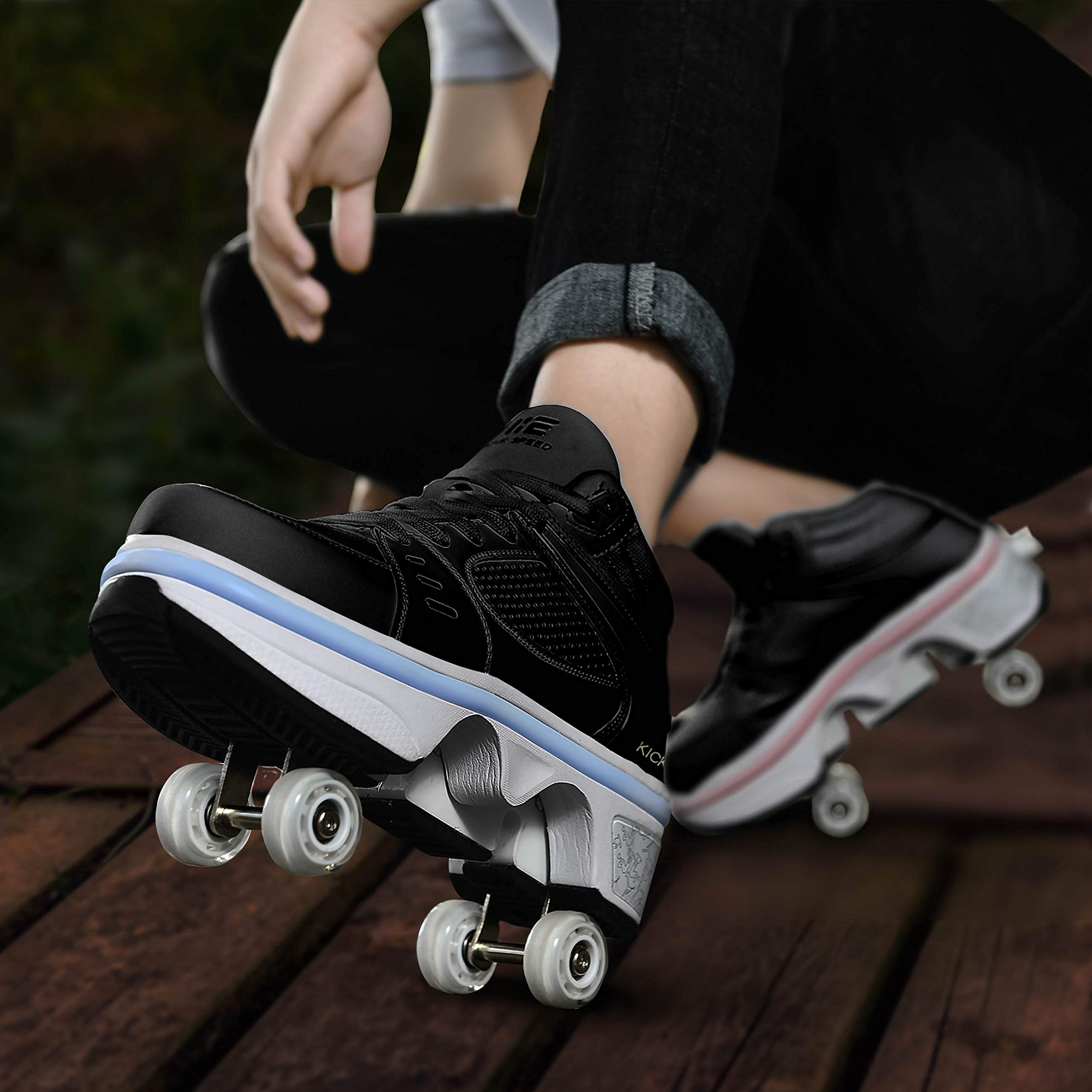 2 in 1 Double-Row Deformable Wheel Roller Skates - 4 Wheel Running Shoes with Invisible Pulley for Parkour, Skating & Outdoor Sports - Perfect for Street Skating, Fitness Training and Extreme Sports