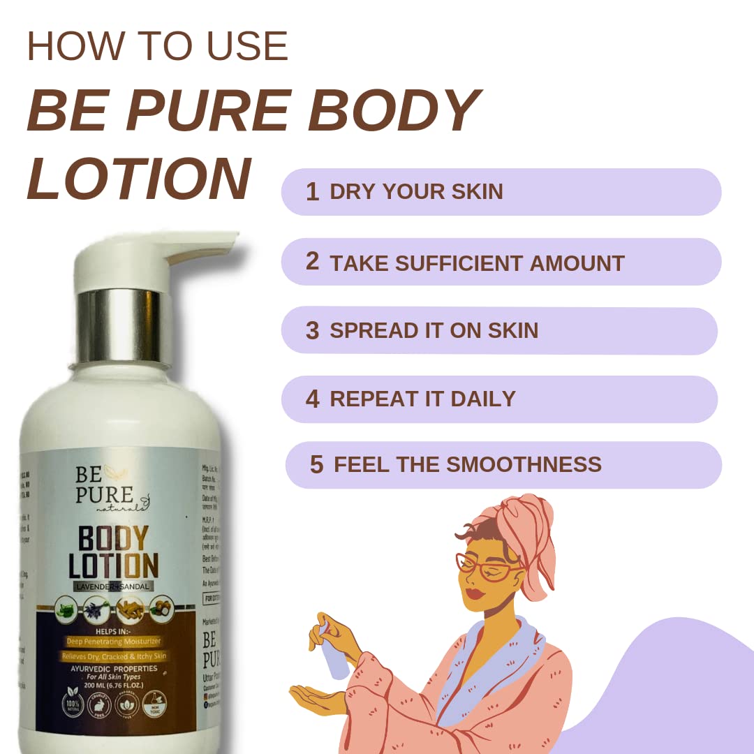 Be Pure Naturals Sandalwood & Lavender Body Lotion - Ultra Light Moisturizer for Smooth, Acne-Free Skin - 200ml Hydrating Lotion for Daily Use, Dry Skin Relief & Relaxation Therapy