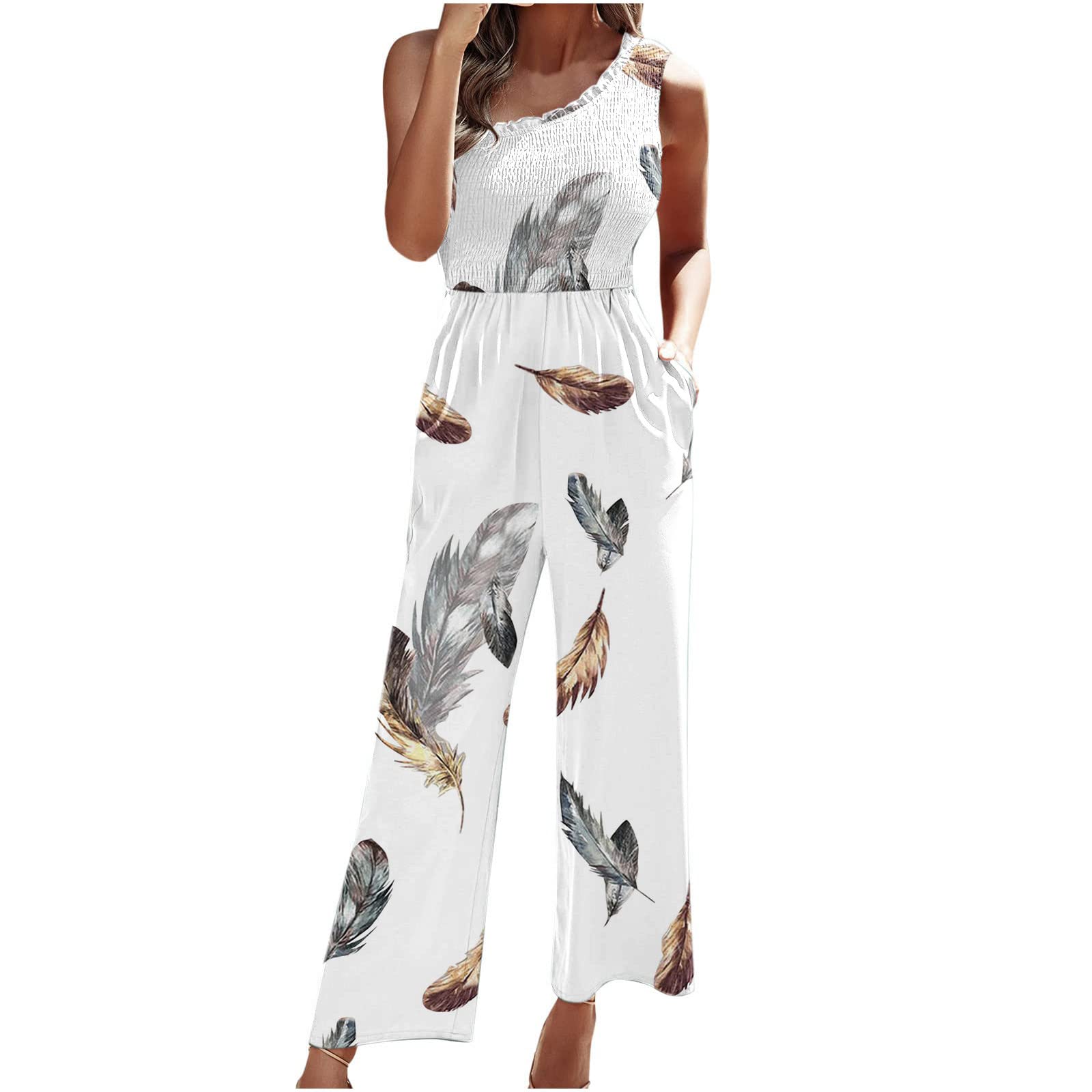 Sexy Off-Shoulder Leaf Print Jumpsuit for Women - Summer Smocked High Waist Romper with Pockets | Beach Vacation, Date Night & Casual Outfit