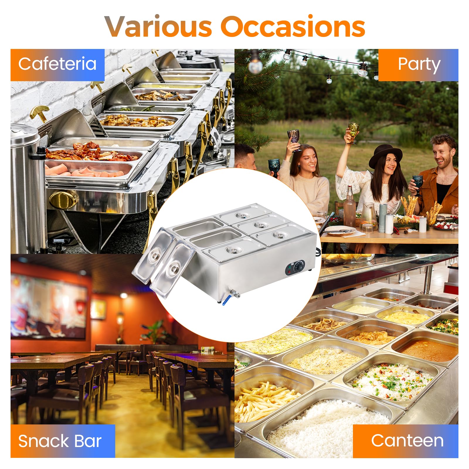 6-Pan Commercial Food Warmer - 1200W Stainless Steel Electric Steam Table | 46Qt Bain Marie for Catering, Restaurants & Buffets | Perfect for Parties, Events & Food Service