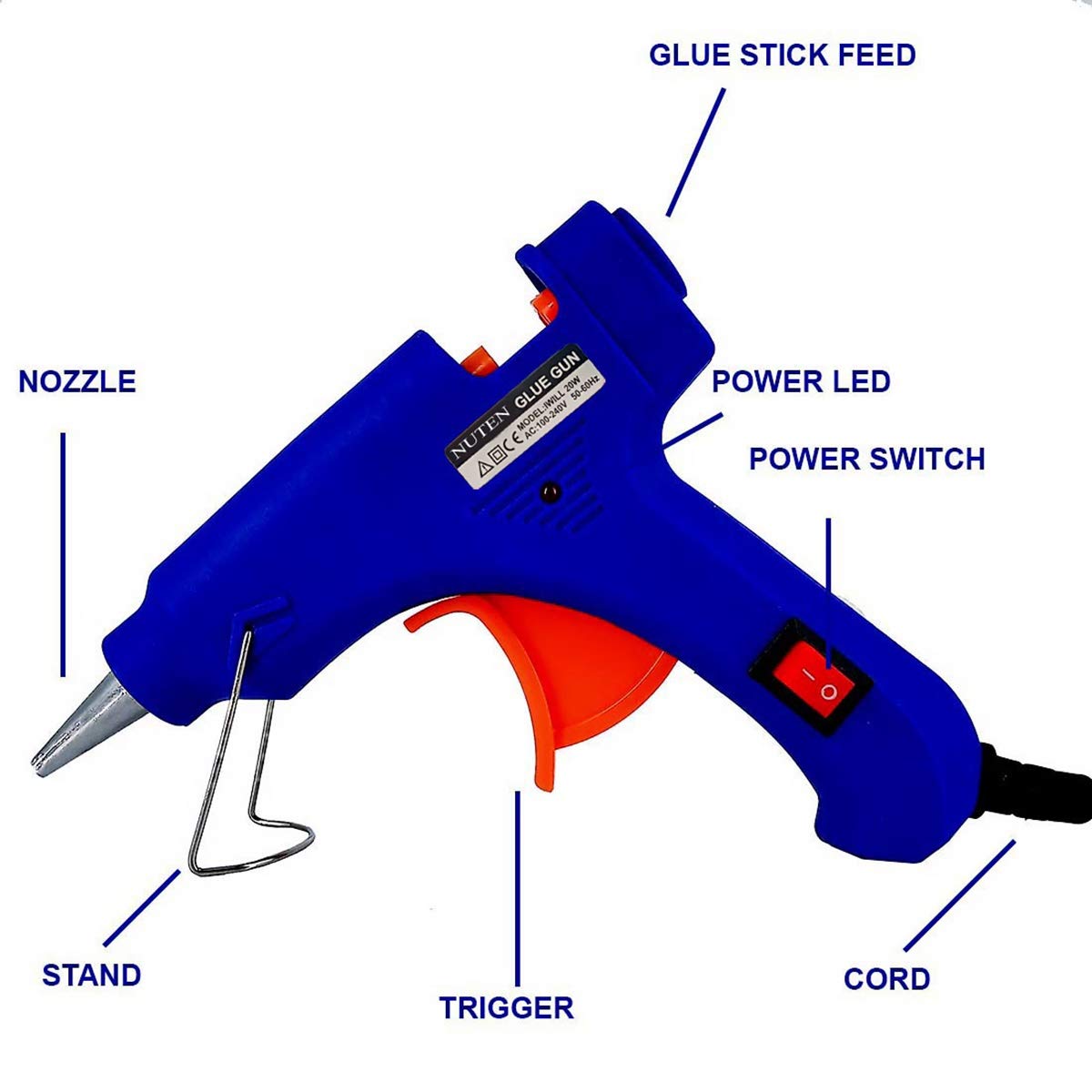 NUTEN 20W 7mm Hot Melt Glue Gun with On/Off Switch & LED Indicator - Includes 10 Free Transparent Glue Sticks (Blue) - Perfect for DIY Crafts, Home Repairs, and Woodworking Projects