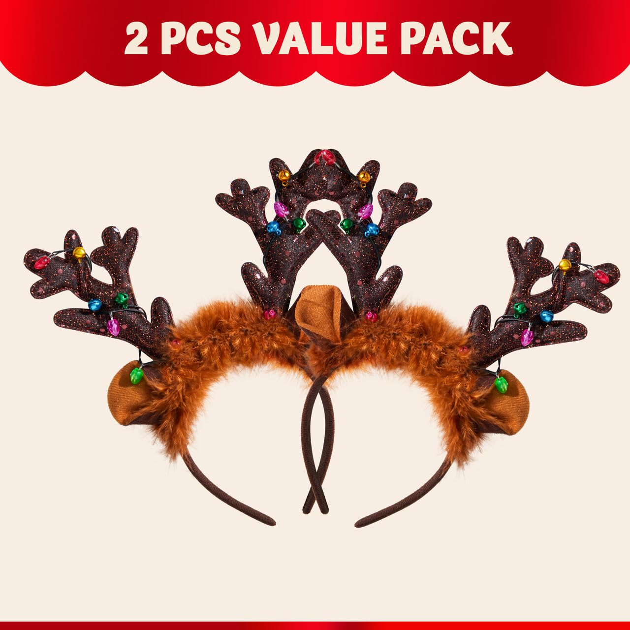 JOYIN 2PCS Light-Up LED Reindeer Headband Antlers - Christmas Party Favors, Holiday Costume Accessories for Women, Men, Kids (One Size Fits All) - Perfect for Xmas Parties, Family Gatherings & Festive Photo Booths