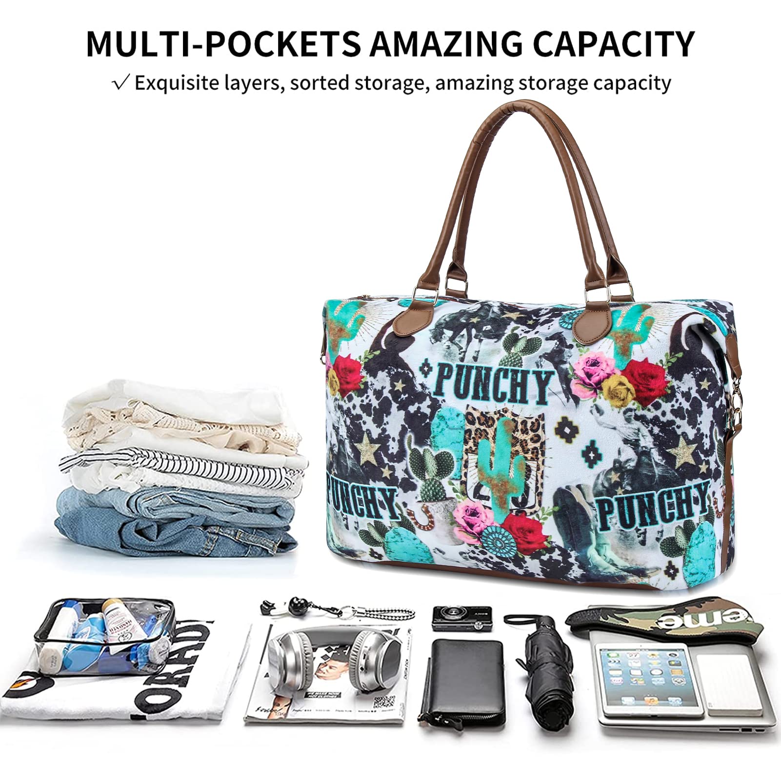 Stylish Women's Weekender Duffle Bag - Large Travel Tote with Adjustable Shoulder Strap - Perfect for Overnight Trips, Gym, Work & Weekend Getaways - Fashionable Cow Leopard Aztec Print