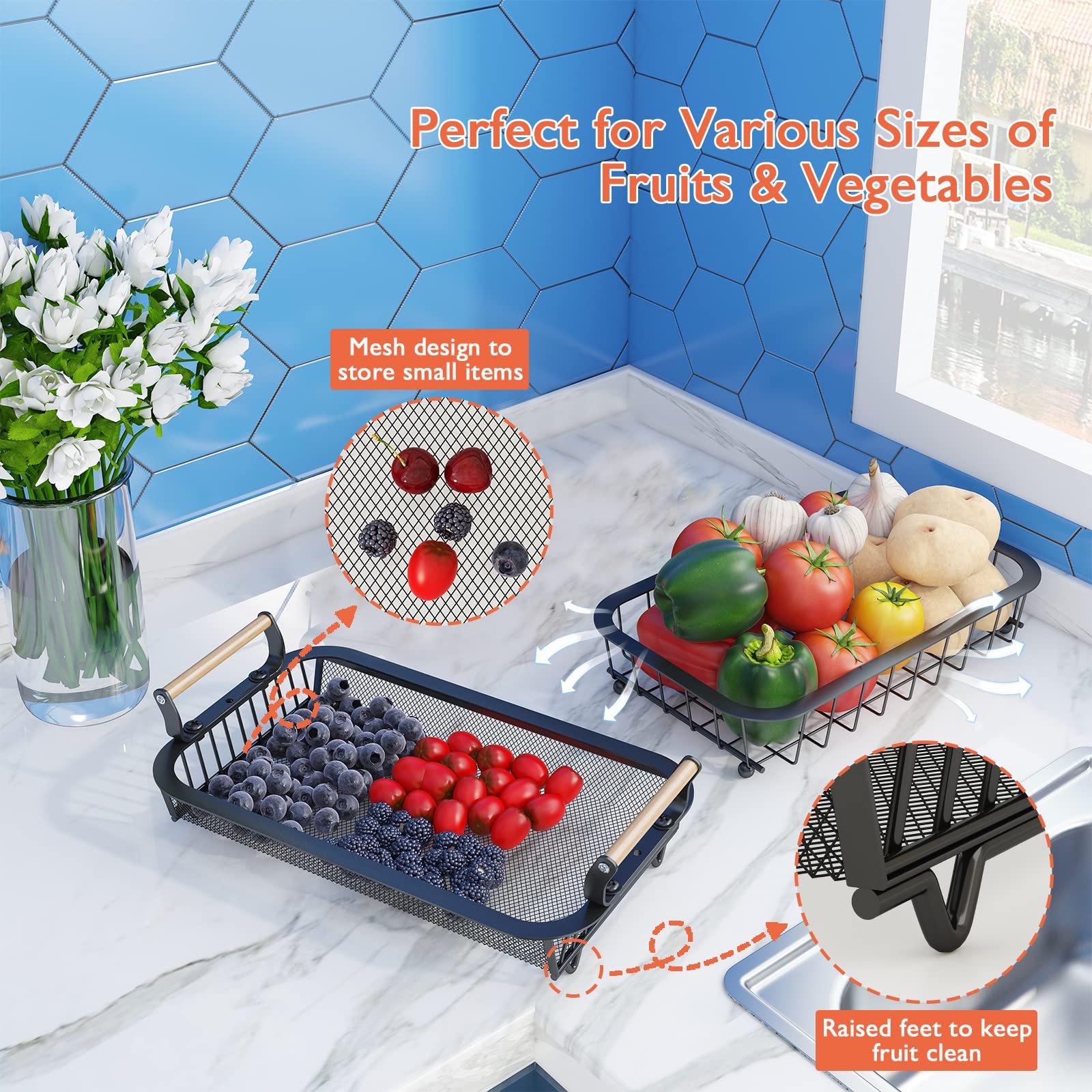2-Tier Metal Fruit Basket with Banana Hangers - Countertop Kitchen Organizer for Fruits, Vegetables, Onions, Potatoes, Bread & Snacks - Perfect for Pantry, Dining Table & Countertop Storage