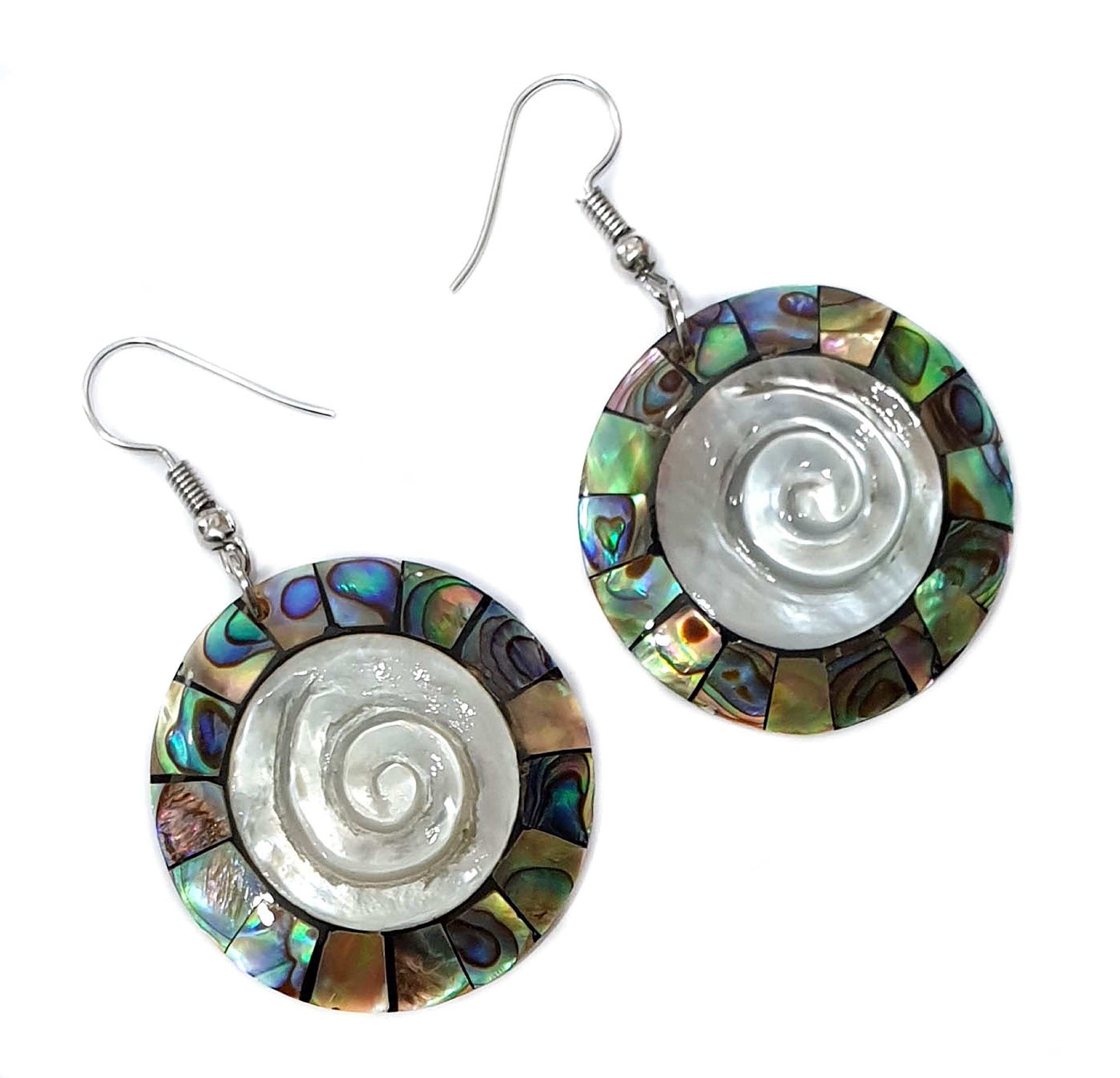 Handmade Natural Paua Abalone Shell Earrings – Spiral Mother of Pearl Dangle Jewelry for Women | Elegant Seashell Fashion Accessories for Beach Weddings, Summer Outfits & Boho Style