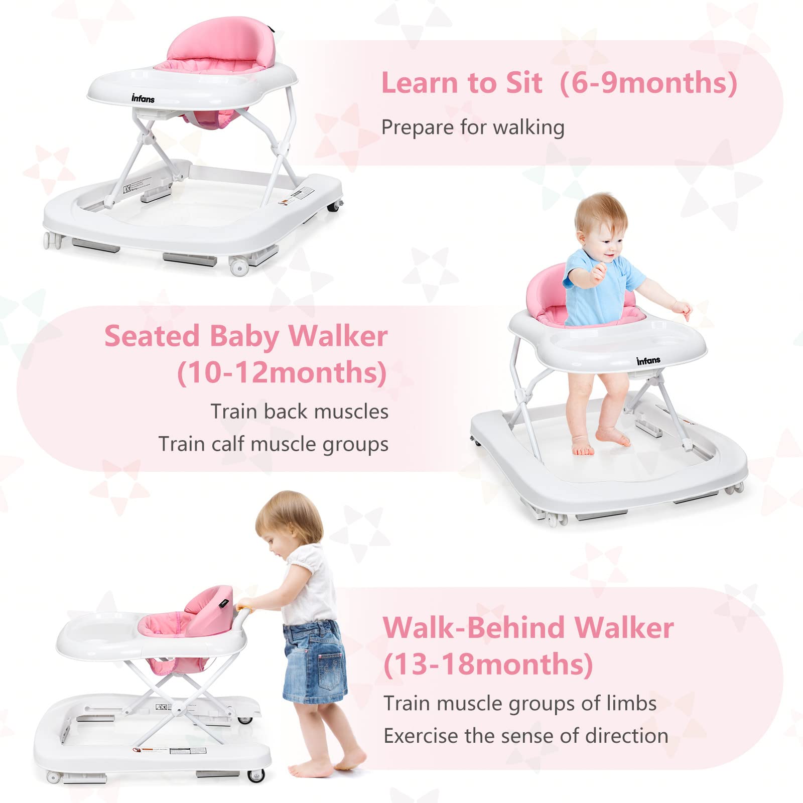 INFANS 3-in-1 Foldable Baby Walker with Adjustable Speed Wheels & Safety Bumper - Convertible Learning Walker, Push Walker & Seat for Toddlers Boys Girls (Pink) - Perfect for Home Playtime & Early Walking Development