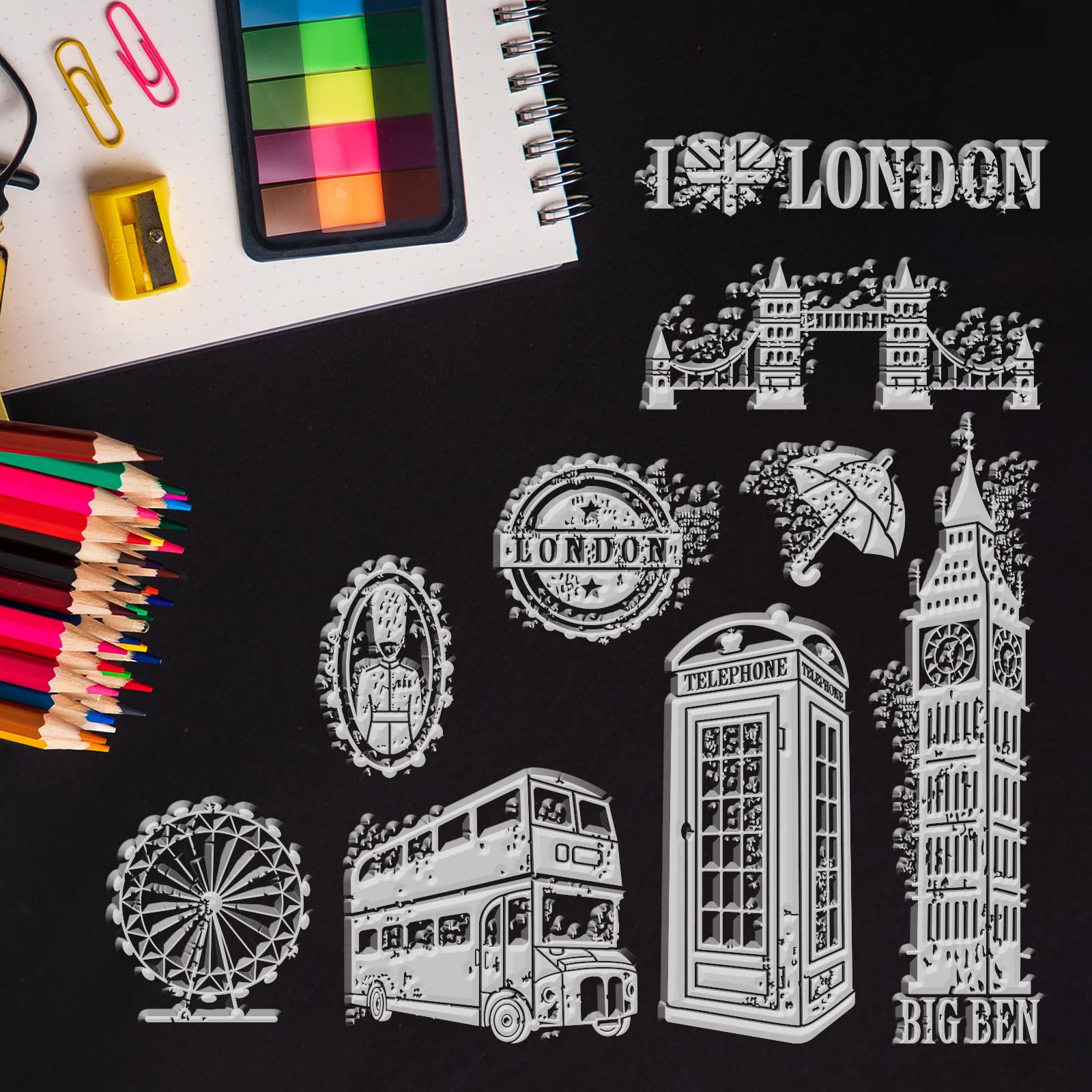 GLOBLELAND London Elements Clear Silicone Stamps for DIY Scrapbooking - Transparent Rubber Stamps for Birthday Cards, Valentine's Day Crafts, Photo Album Decoration & Paper Art Projects | Perfect for Handmade Greeting Cards, Journaling, and Home Decor