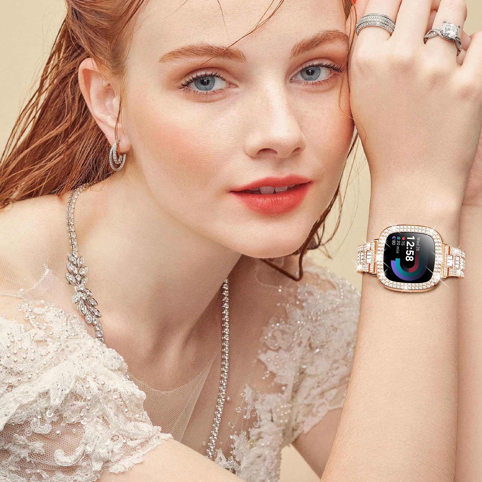 Dsytom Bling Stylish Watch Band Compatible with Fitbit Versa 4/3, Sense 2/1 - Rhinestone Decorative Strap with Protective Case for Women - Perfect for Workouts, Parties & Daily Fashion Accessories