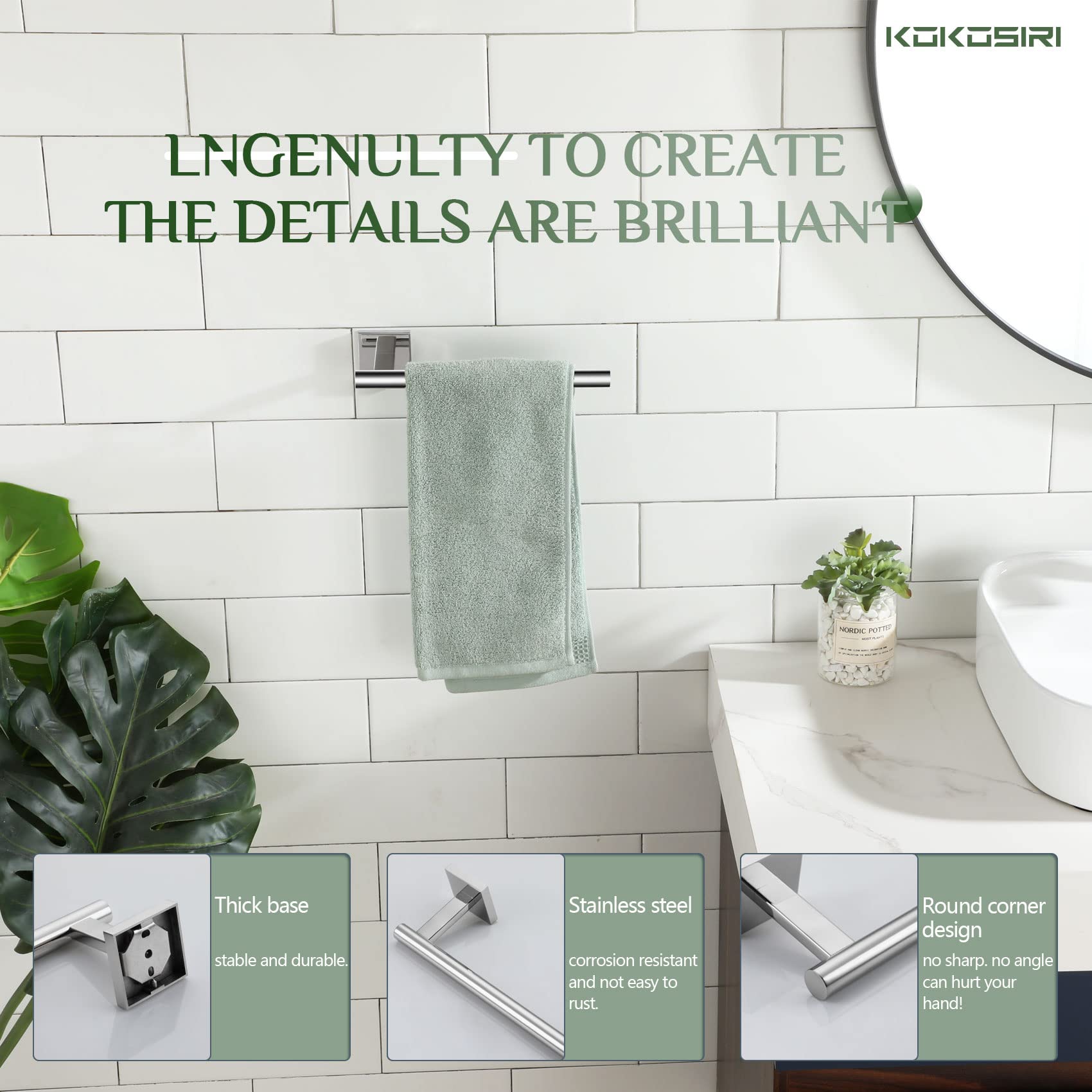 KOKOSIRI Chrome Towel Bar - Stainless Steel Wall Mounted Bathroom Towel Holder, Kitchen Paper Roll Holder for Toilet Cabinet - Polished B3008CH - Perfect for Modern Bathrooms & Kitchens