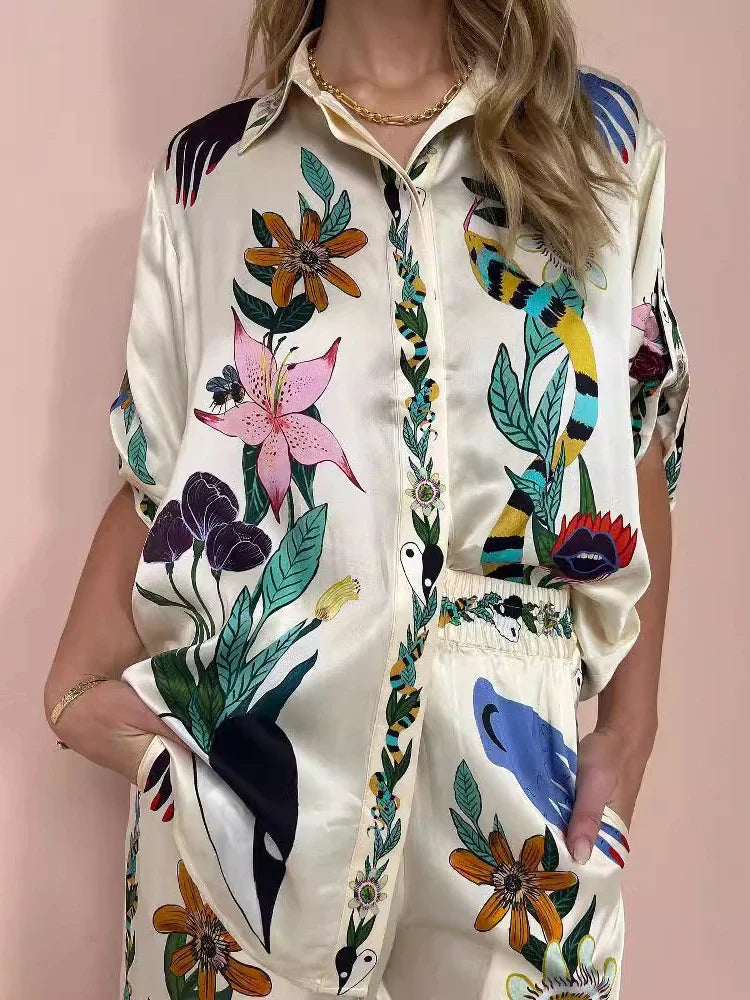 2 Piece Women's Outfit - Bohemian Print Half Sleeve Shirt & Wide Leg Pant Set | Summer Casual Loose Fit Matching Set for Beach, Vacation & Everyday Wear