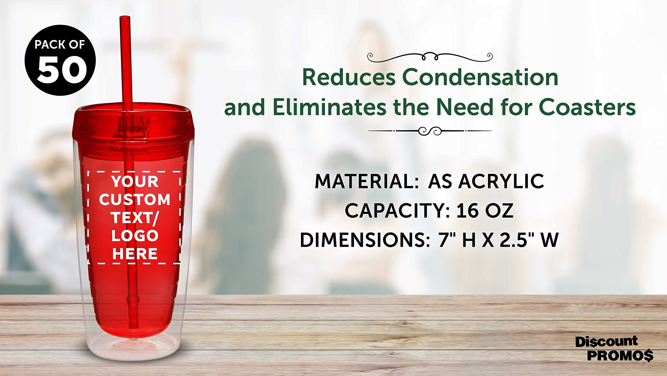 Custom 16 oz Double Wall Acrylic Tumblers - Bulk Set of 50 BPA-Free Personalized Drinkware Cups - Ideal for Iced Coffee, Soda, Hot & Cold Beverages - Red - Perfect for Restaurants, Cafes, Parties & Corporate Events