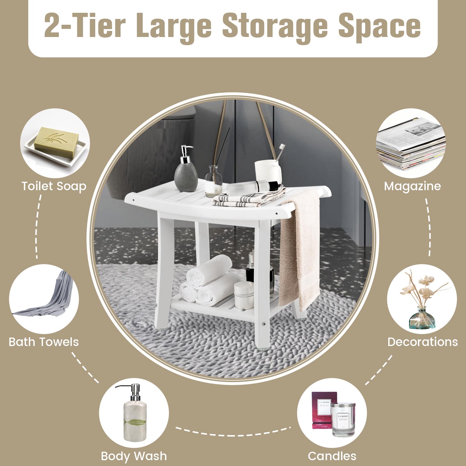 Giantex Shower Chair with Storage Shelf - Non-Slip Waterproof HDPE Shower Seat with Handles & Adjustable Feet - 2-Tier Bathroom Stool for Seniors, Adults & Disabled - Perfect for Bathtub Safety & Shower Accessibility