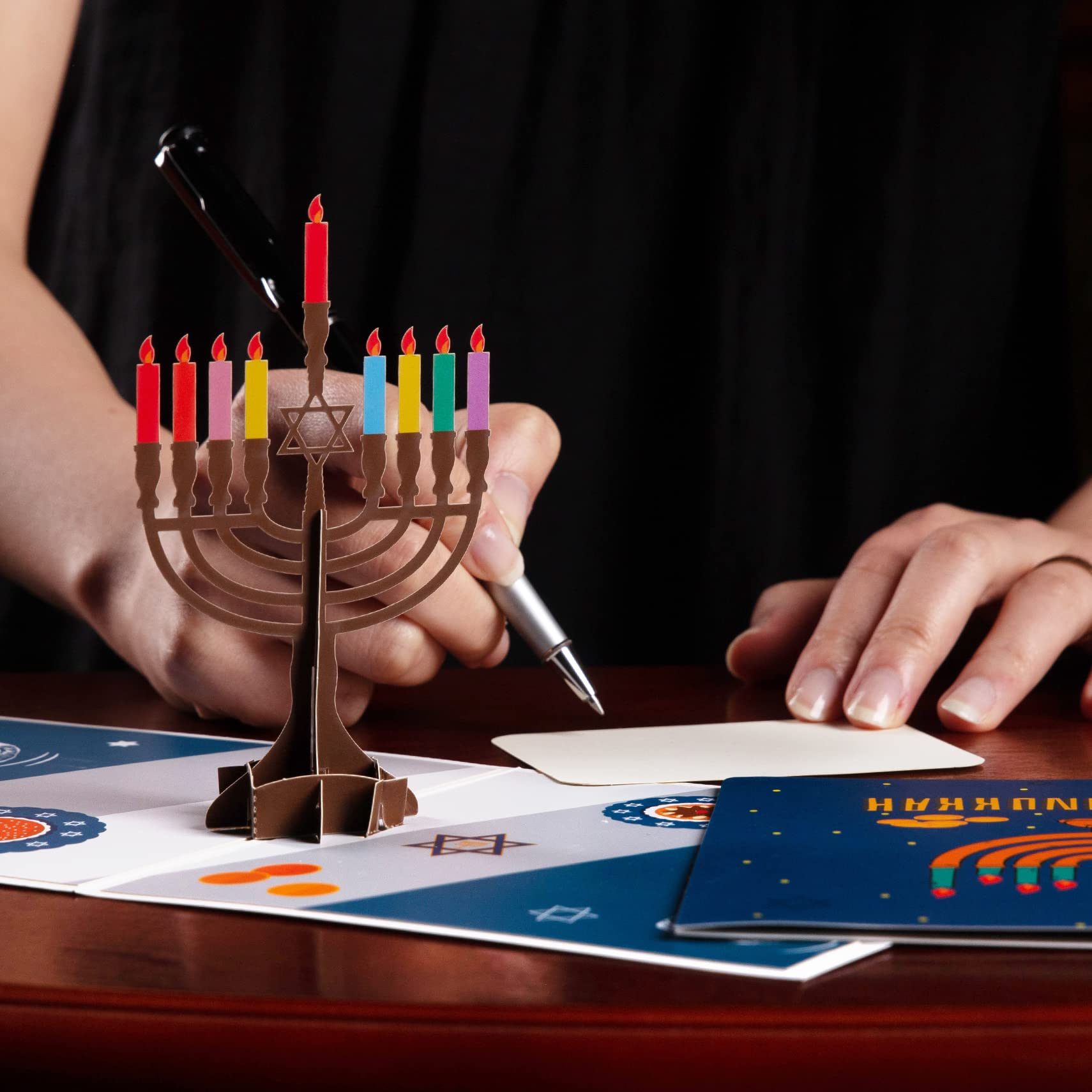 GREETING ART 3D Menorah Lights Pop Up Hanukkah Card - Religious Jewish Holiday Greeting Card with Envelope & Blank Note (5.9x5.9 Inch) - Perfect for Chanukah Celebrations, Gift Giving & Holiday Wishes