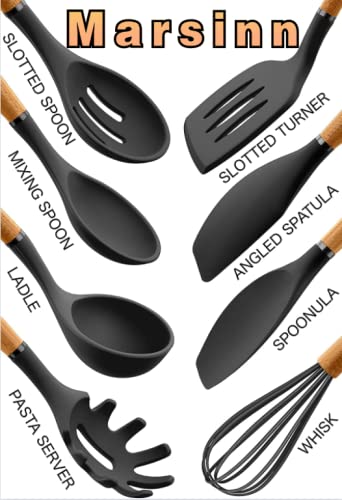 Silicone Cooking Utensils Set - 8 Pc Wooden Handle Kitchen Tools for Nonstick Cookware, Easy to Clean Spatulas & Kitchen Gadgets, Perfect for Baking, Frying, and Everyday Cooking - Black