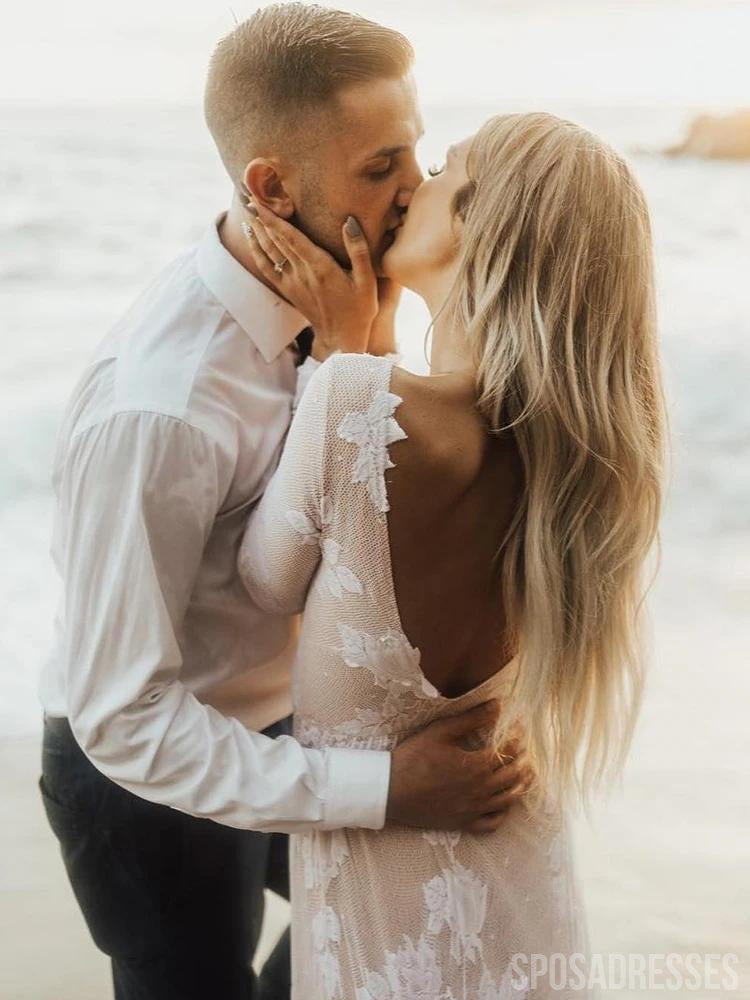 Elegant Long Sleeve Backless Lace Boho Wedding Dress - Romantic Boho Bridal Gown WD688 | Perfect for Beach Weddings, Vow Renewals & Bohemian Bridal Photoshoots