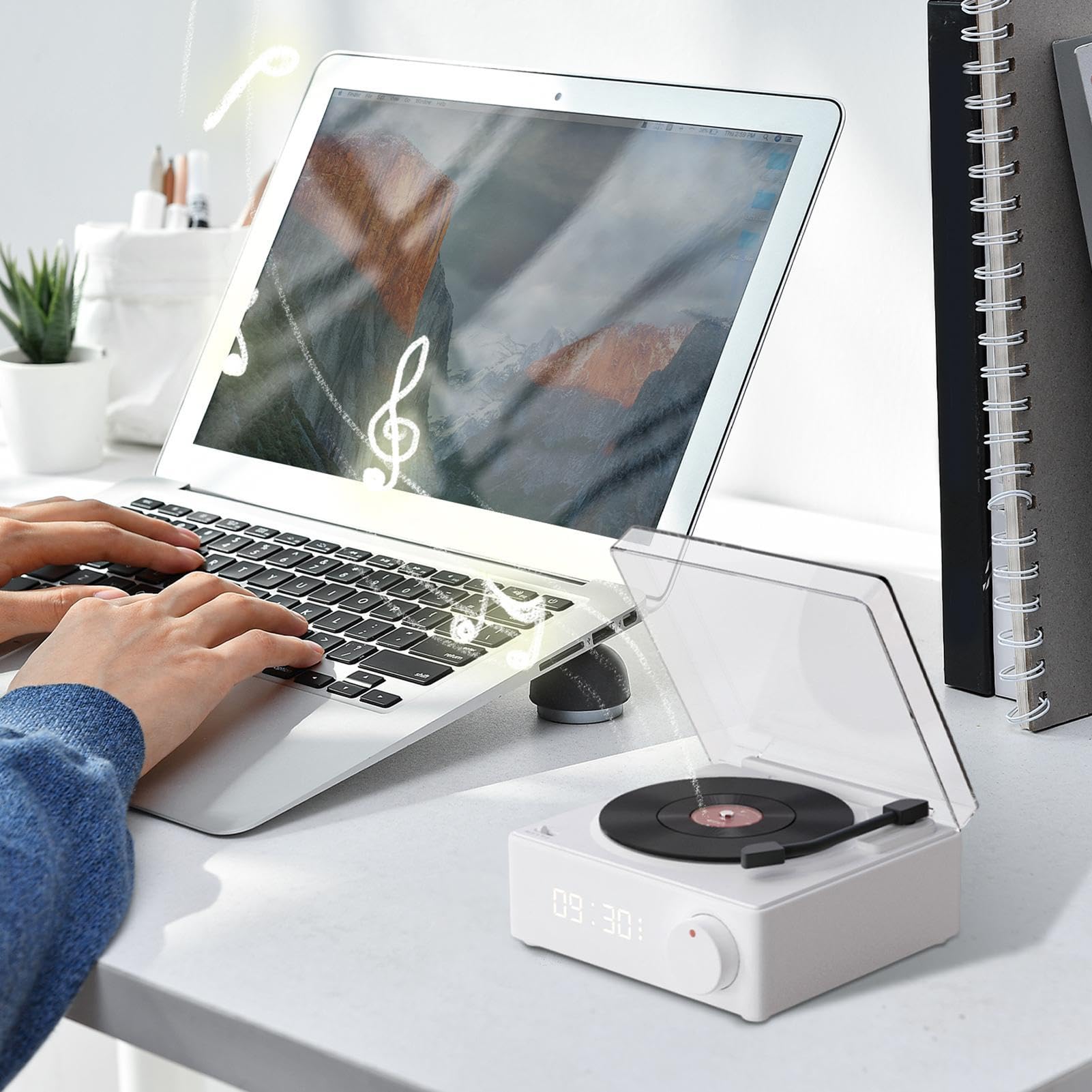 Ahuuen Wireless Record Player Speaker with Alarm Clock | Portable Turntable Smart Speakers for Travel, Yard, Outdoor Activities, Home & Office Use