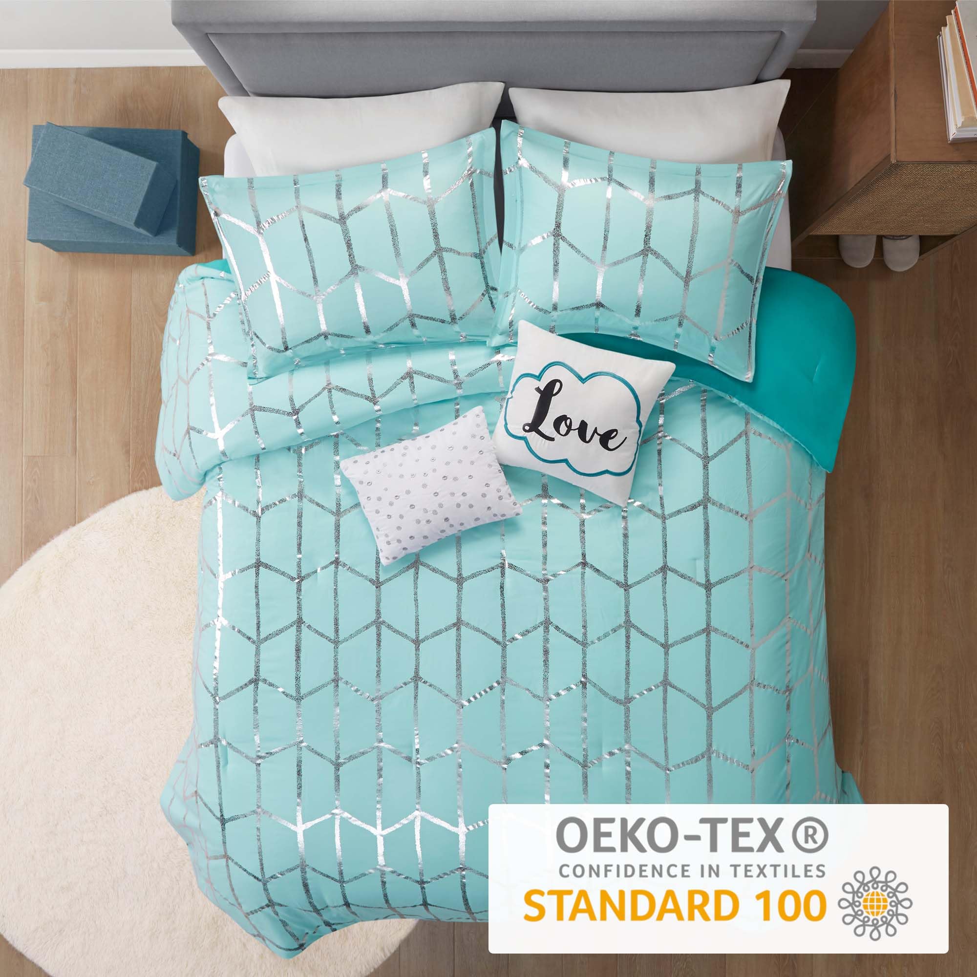 **Raina Twin/Twin XL Comforter Set - Soft Microfiber Geometric Bedding, Modern Metallic Design, 4-Piece College Dorm Set with 1 Sham & 2 Toss Pillows (Aqua) - Perfect for Teens, Kids Rooms & Dorm Decor**