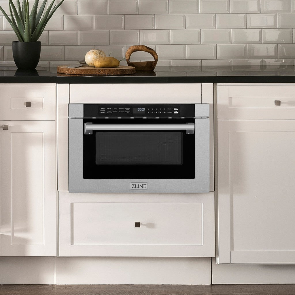 ZLINE 24 Inch Built-In Microwave Drawer - 1.2 Cu. Ft Capacity, Satin Stainless Steel with Traditional Handle (MWD 1 SS H) - Perfect for Modern Kitchens, Small Spaces & Seamless Cabinet Integration