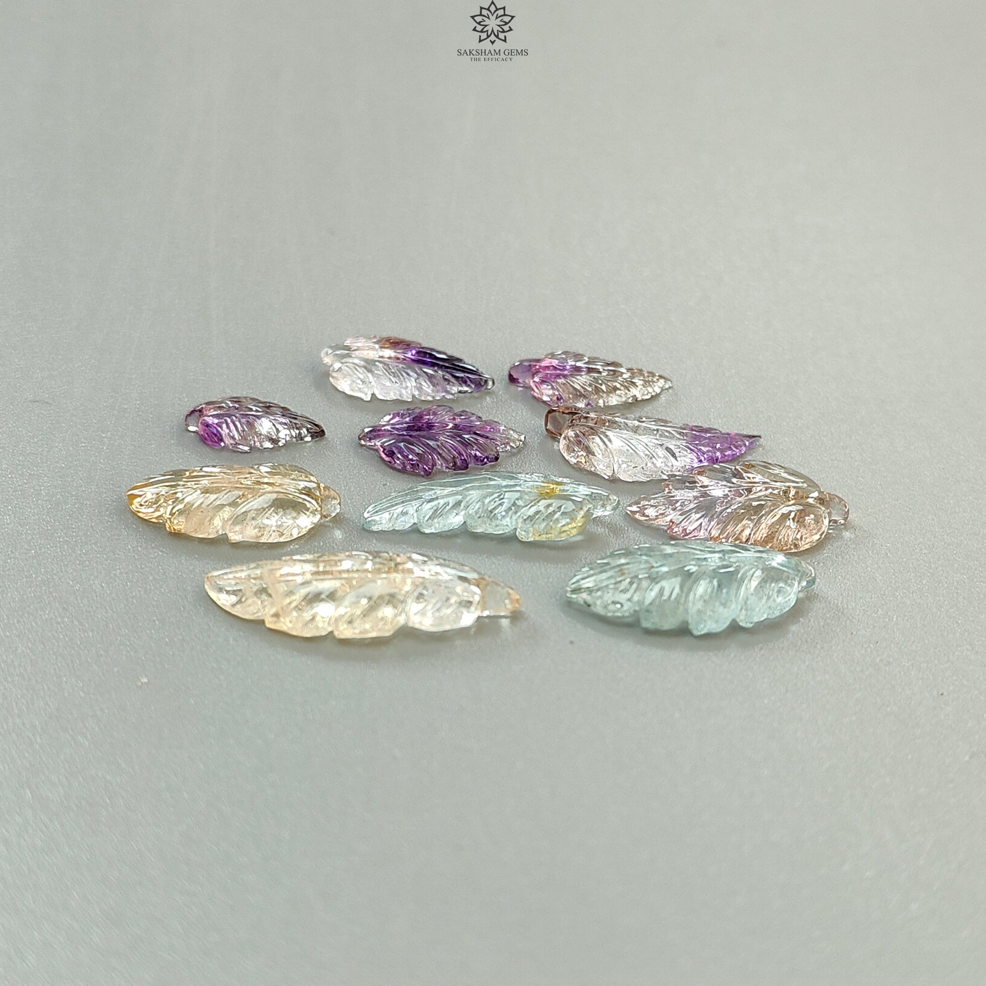 Natural Untreated Amethyst, Citrine & Aquamarine Gemstone Carving - 34.80cts Hand-Carved Leaf Shape Gemstones (13x7mm to 25.5x10mm) 10-Piece Set for Jewelry Making, Meditation & Healing Crystals