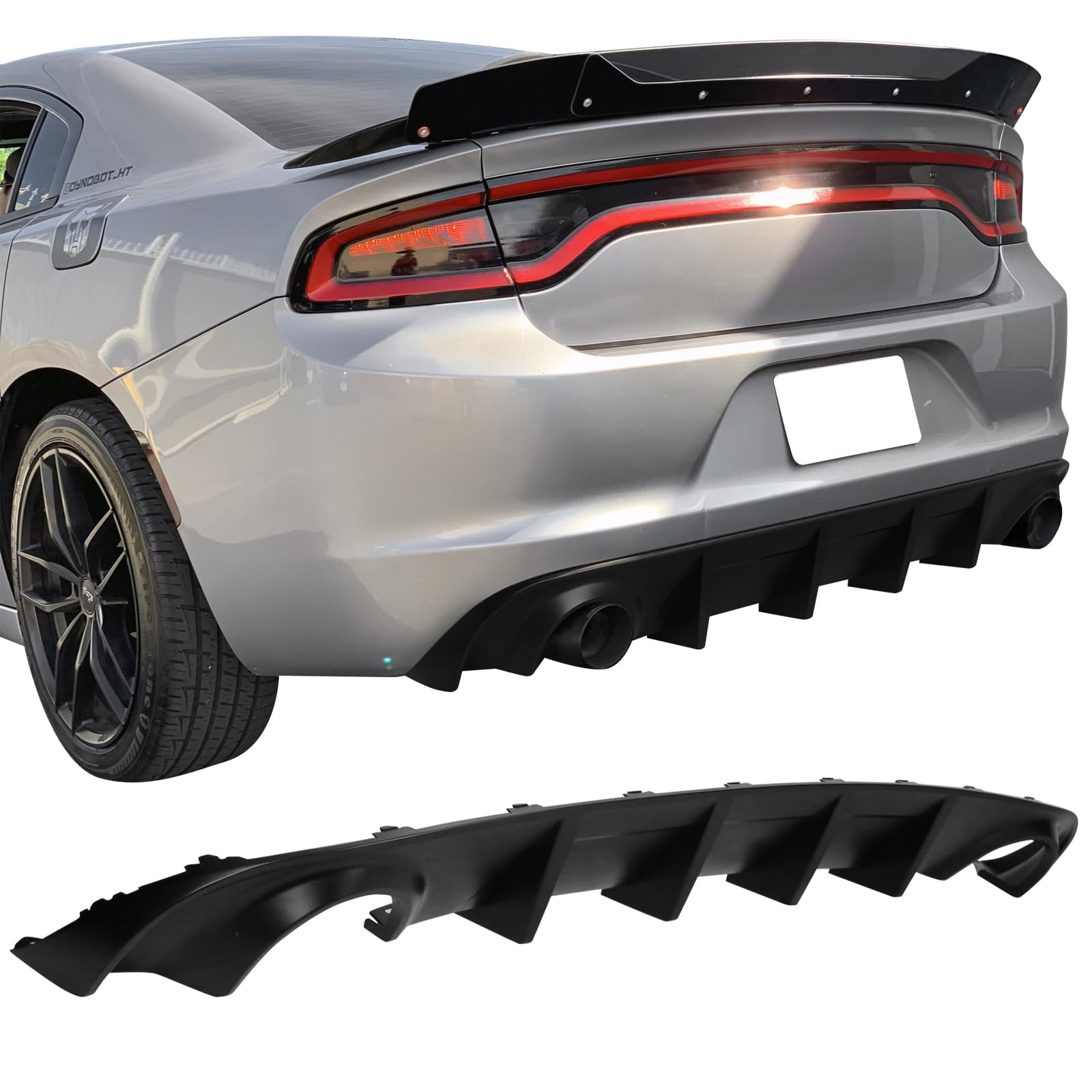 IKON MOTORSPORTS Rear Bumper Lip Diffuser Splitter for 2015-2023 Dodge Charger Base & SXT - Matte Black PP Replacement Part - Enhances Aerodynamics & Sporty Look for Street Racing & Car Shows