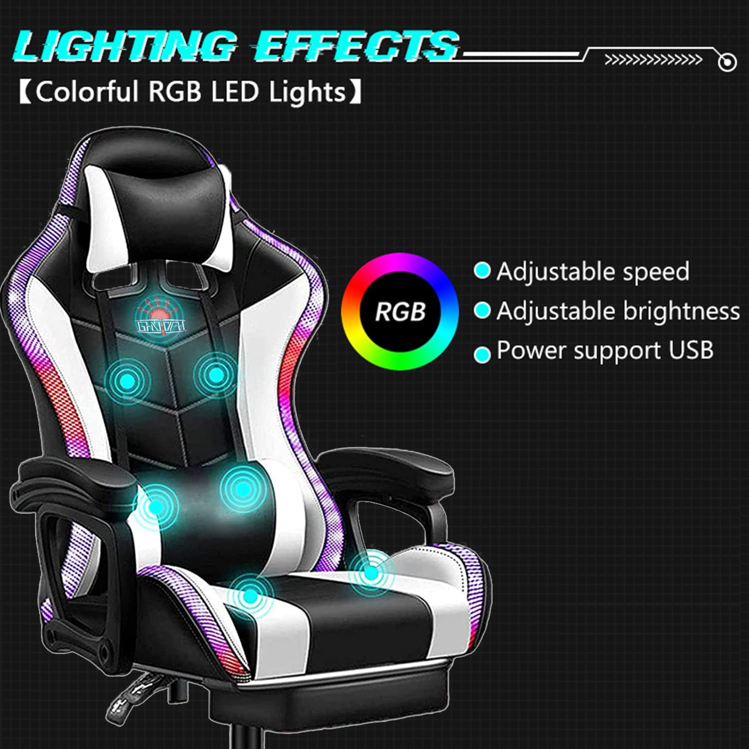 Ergonomic RGB Gaming Chair with Massage, Footrest & Bluetooth Speakers - Adjustable Headrest, Lumbar Support & Reclining Backrest for PC/Console Gamers - Perfect for Esports, Streaming & Home Office Setup